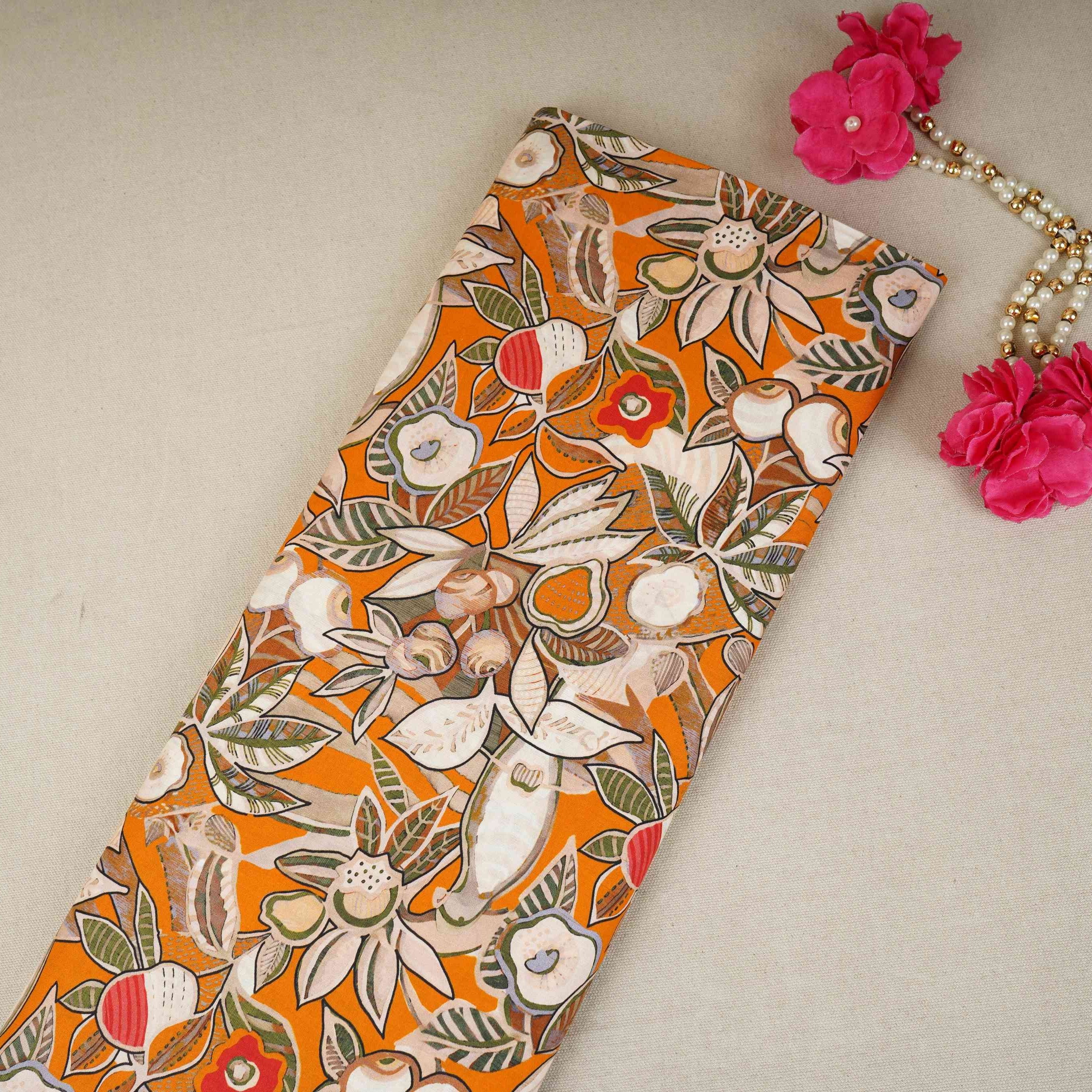 Rust Orange with White Floral Print Cotton Mulmul Fabric PG-30449 - TradeUNO