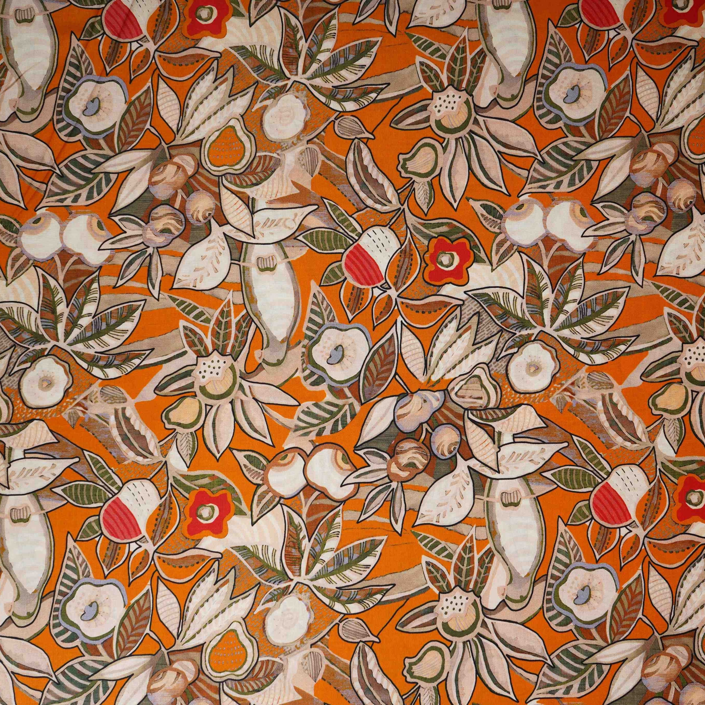 Rust Orange with White Floral Print Cotton Mulmul Fabric PG-30449 - TradeUNO