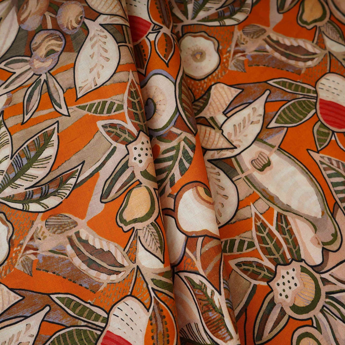 Rust Orange with White Floral Print Cotton Mulmul Fabric PG-30449