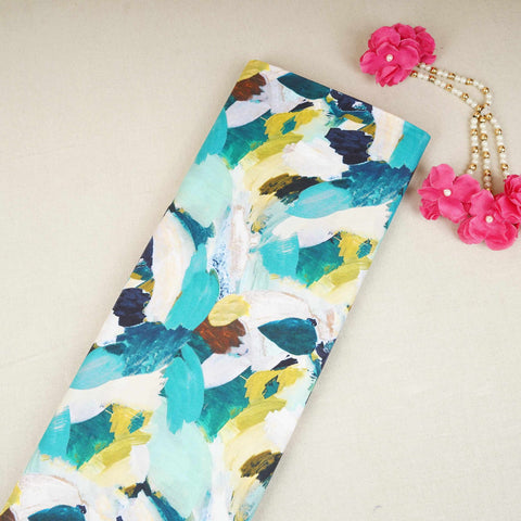 Teal Green & Yellow Abstract Print Cotton Mulmul Fabric PG-30466