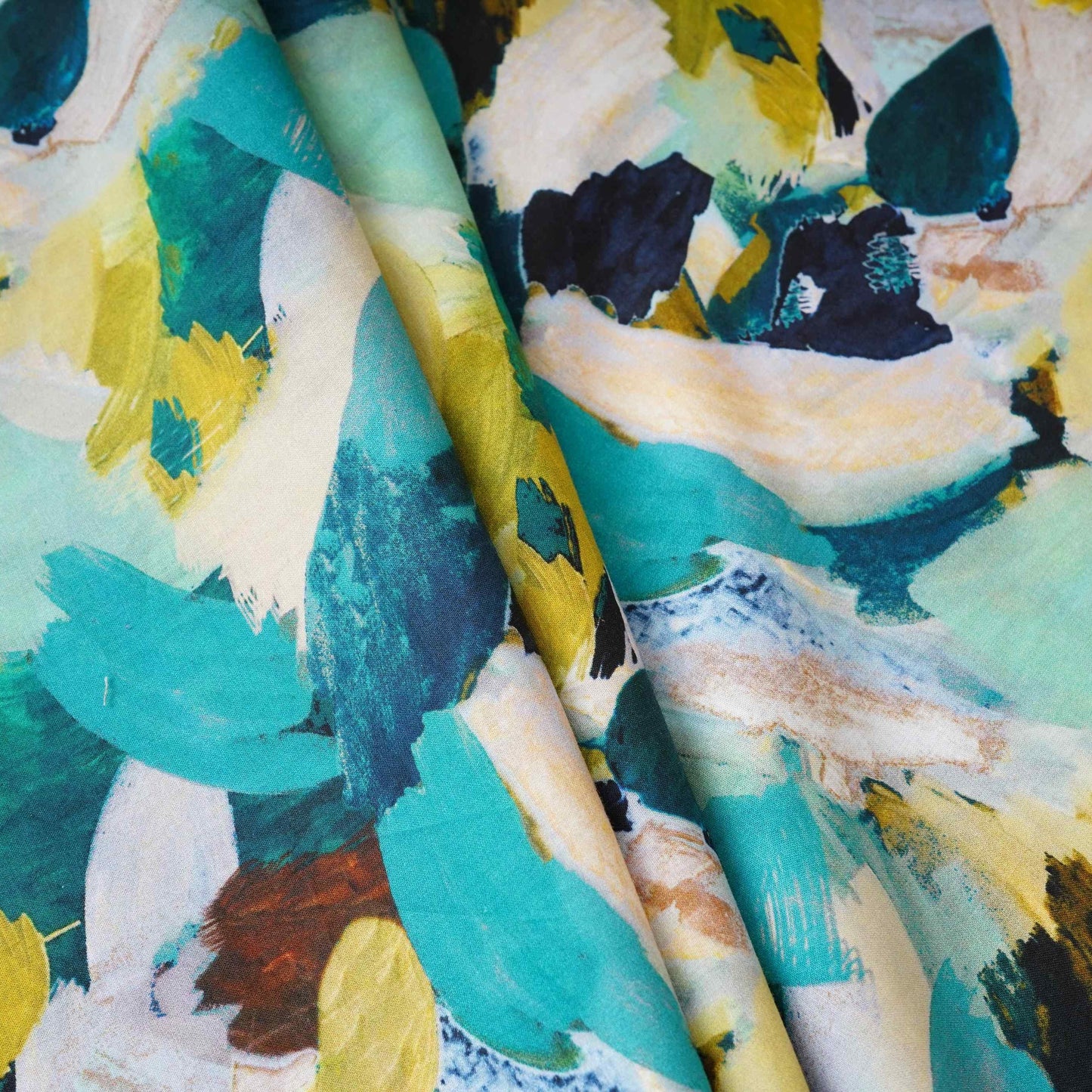 Teal Green & Yellow Abstract Print Cotton Mulmul Fabric PG-30466