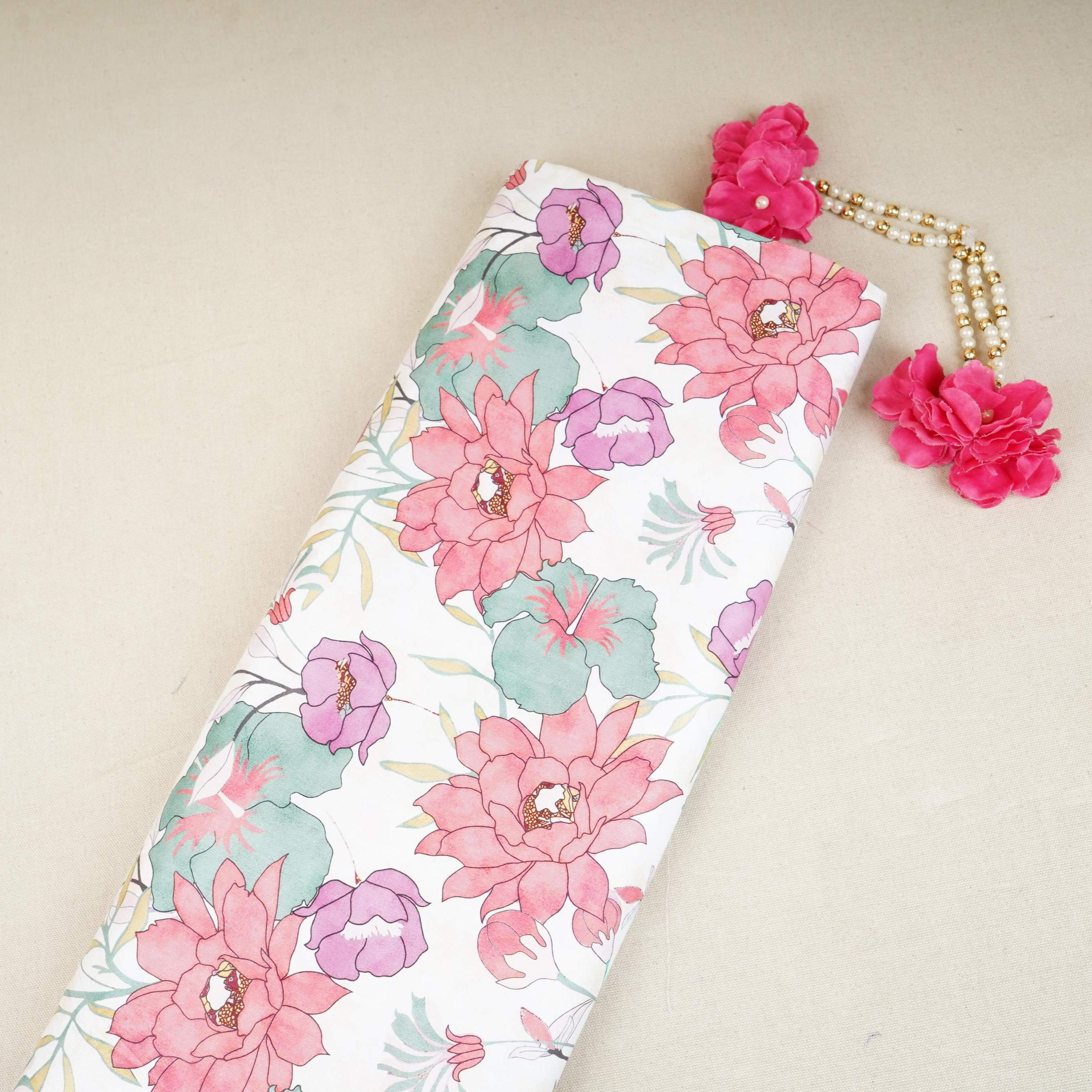 Off White with Pink Floral Print Cotton Satin Fabric PG-30441 - TradeUNO