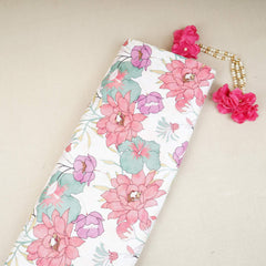 Off White with Pink Floral Print Cotton Satin Fabric PG-30441
