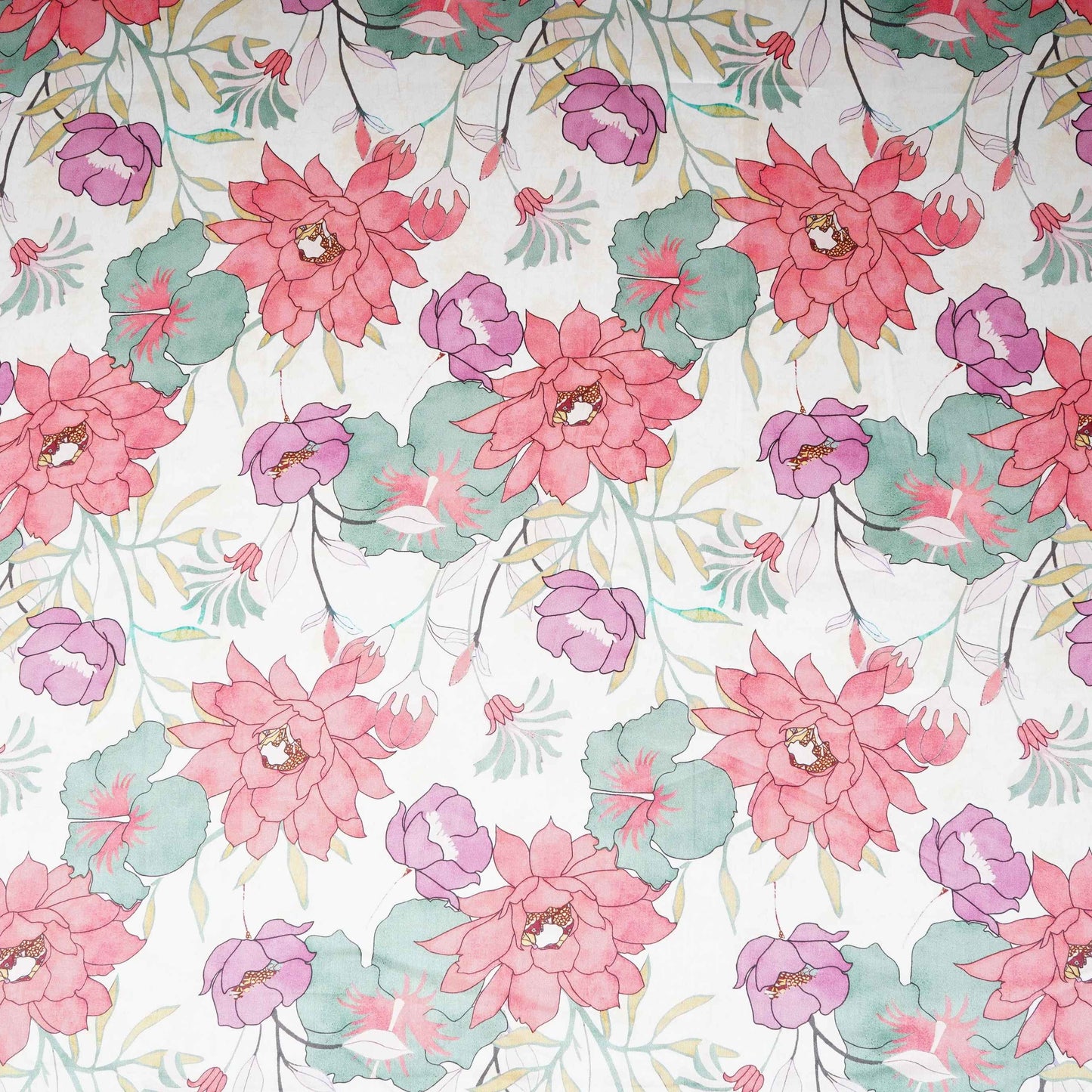 Off White with Pink Floral Print Cotton Satin Fabric PG-30441