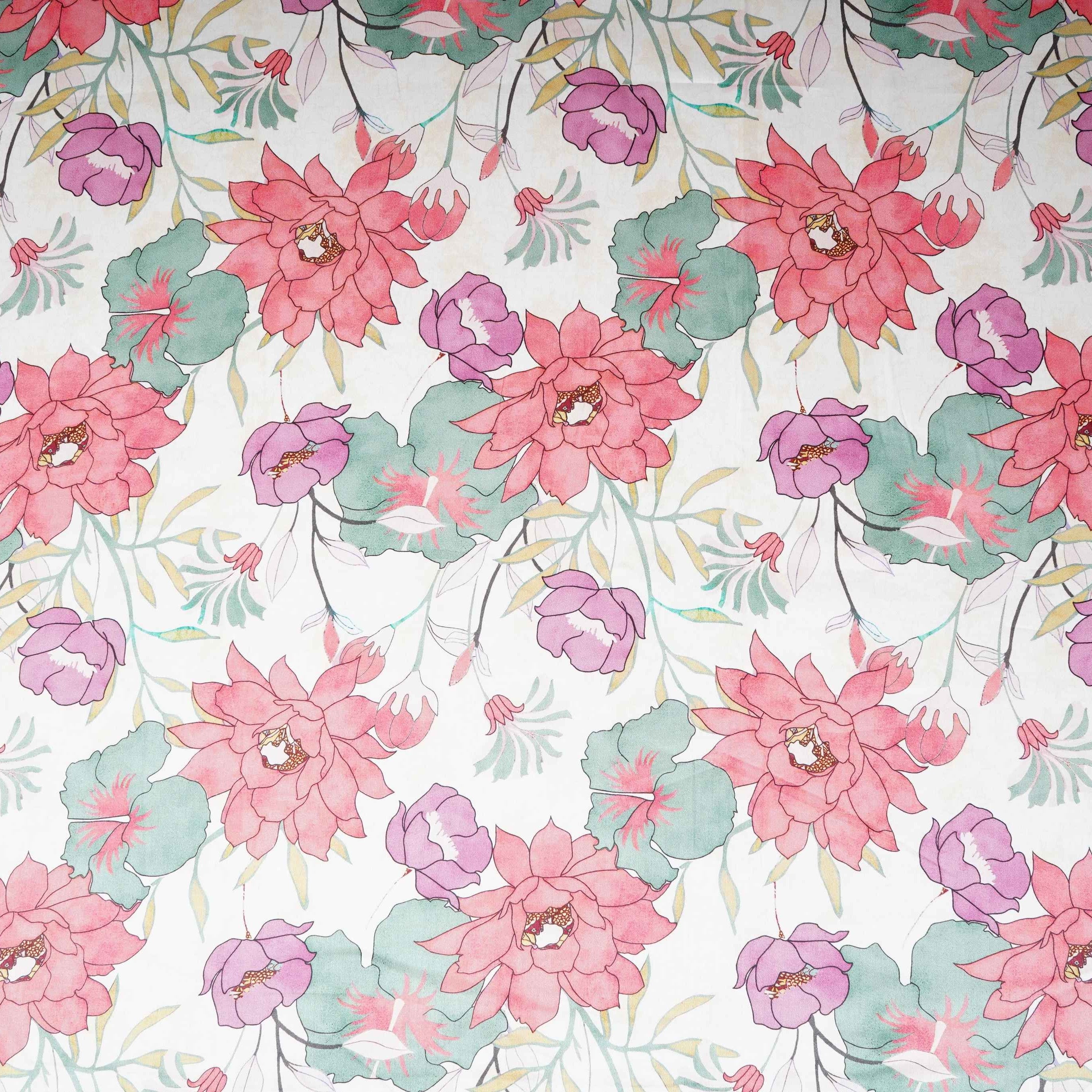 Off White with Pink Floral Print Cotton Satin Fabric PG-30441 - TradeUNO