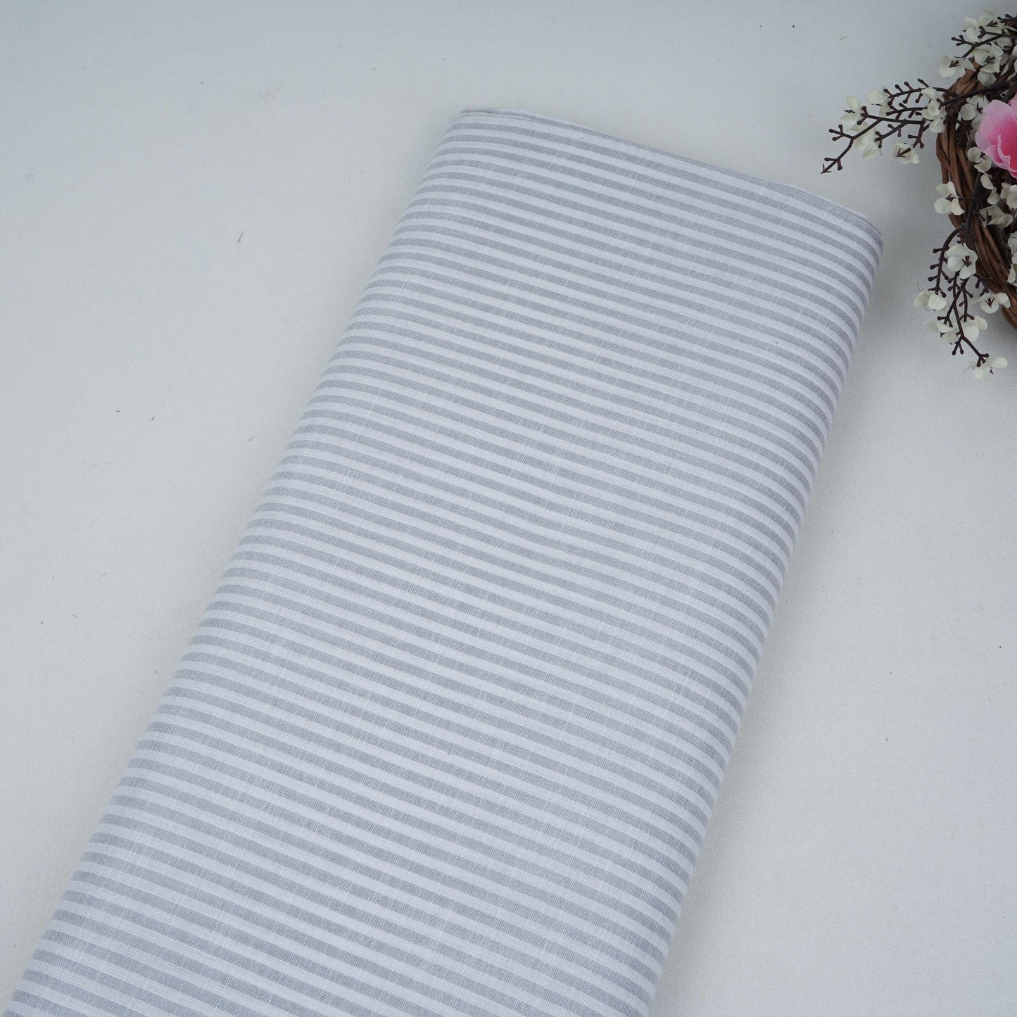 Light Grey With Off White Stripes Cotton Linen Fabric MFM-32411