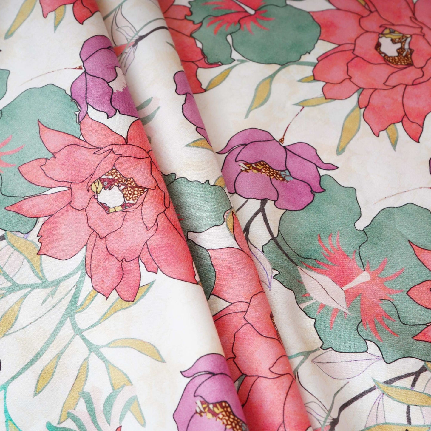 Off White with Pink Floral Print Cotton Satin Fabric PG-30441