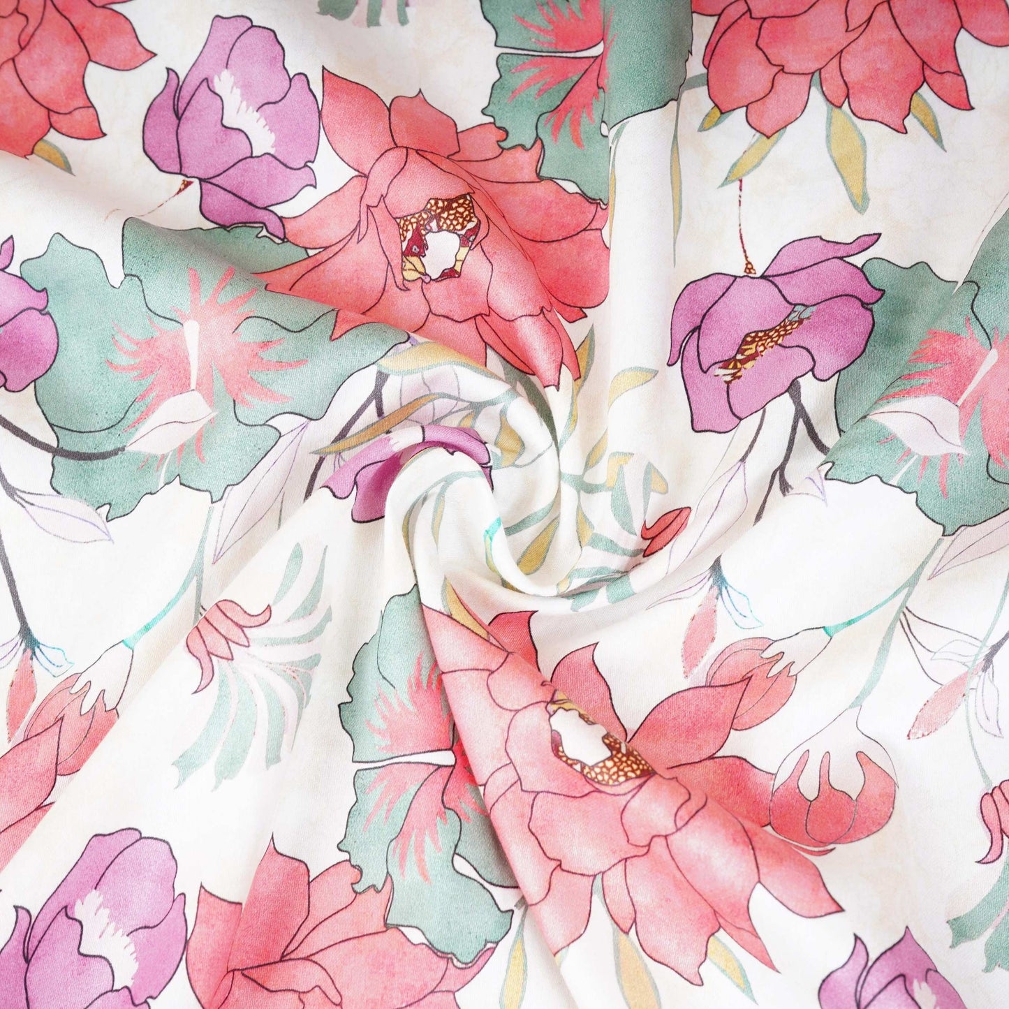 Off White with Pink Floral Print Cotton Satin Fabric PG-30441