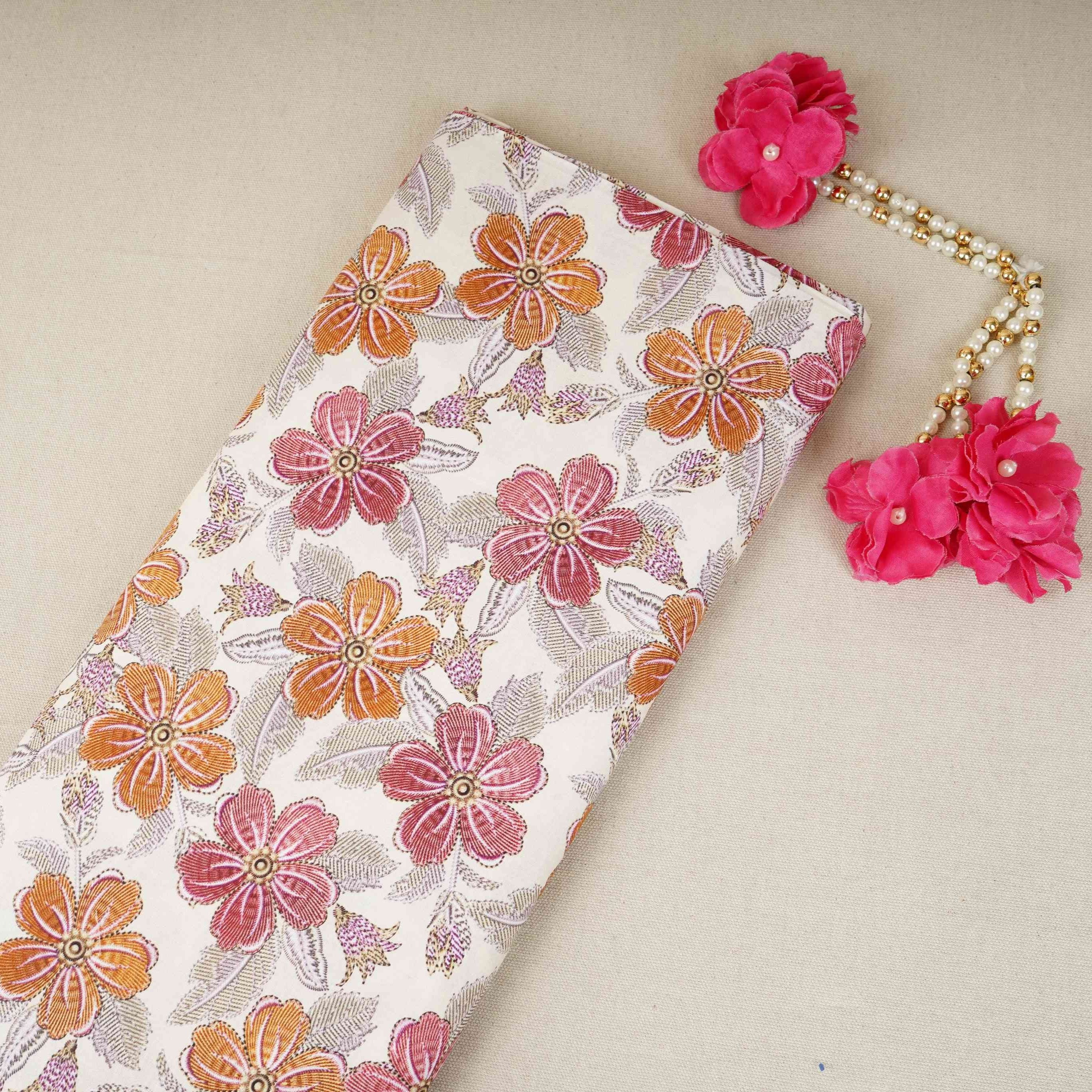 White with Magenta Floral Print Cotton Mulmul Fabric PG-30451 - TradeUNO