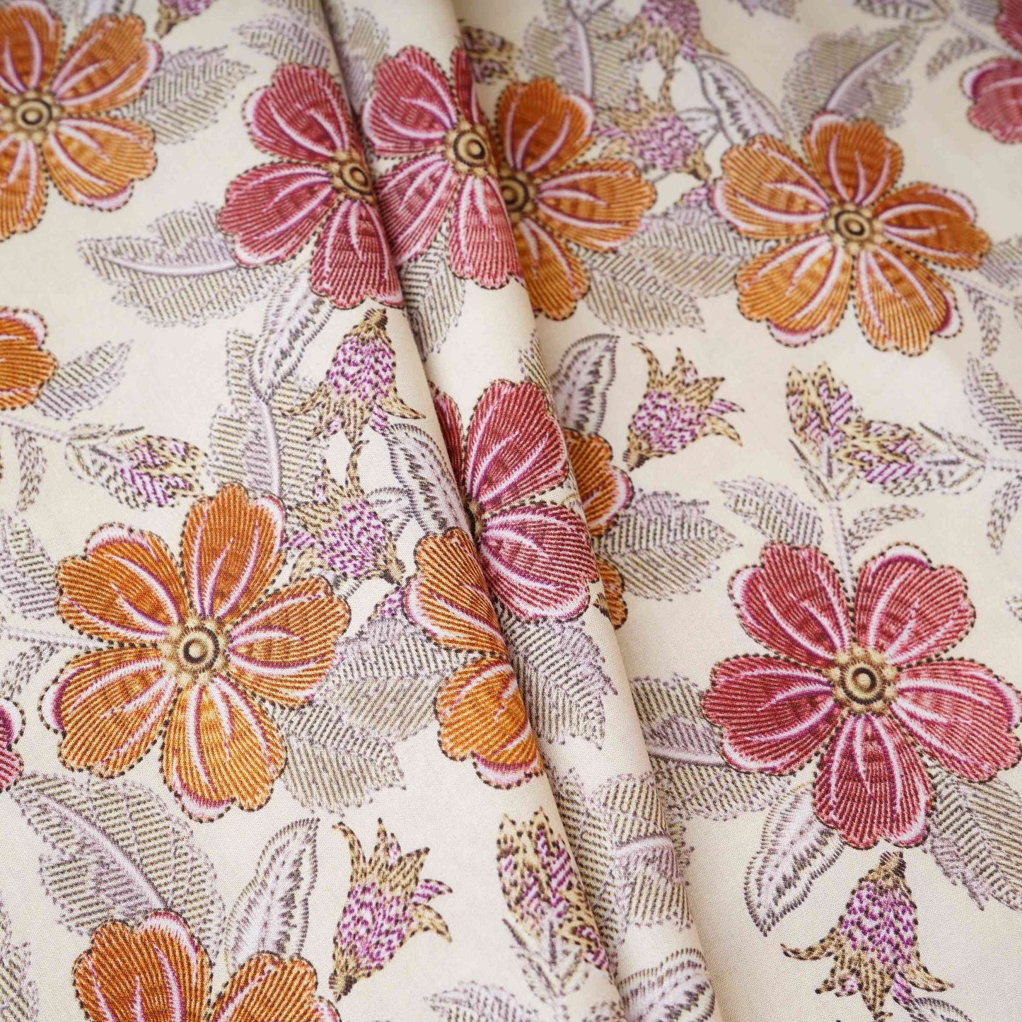 White with Magenta Floral Print Cotton Mulmul Fabric PG-30451