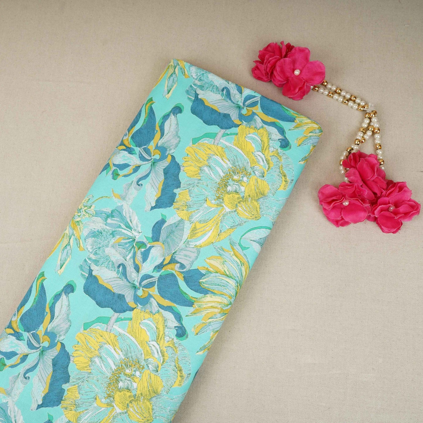 Teal with Yellow Floral Print Cotton Mulmul Fabric PG-30462