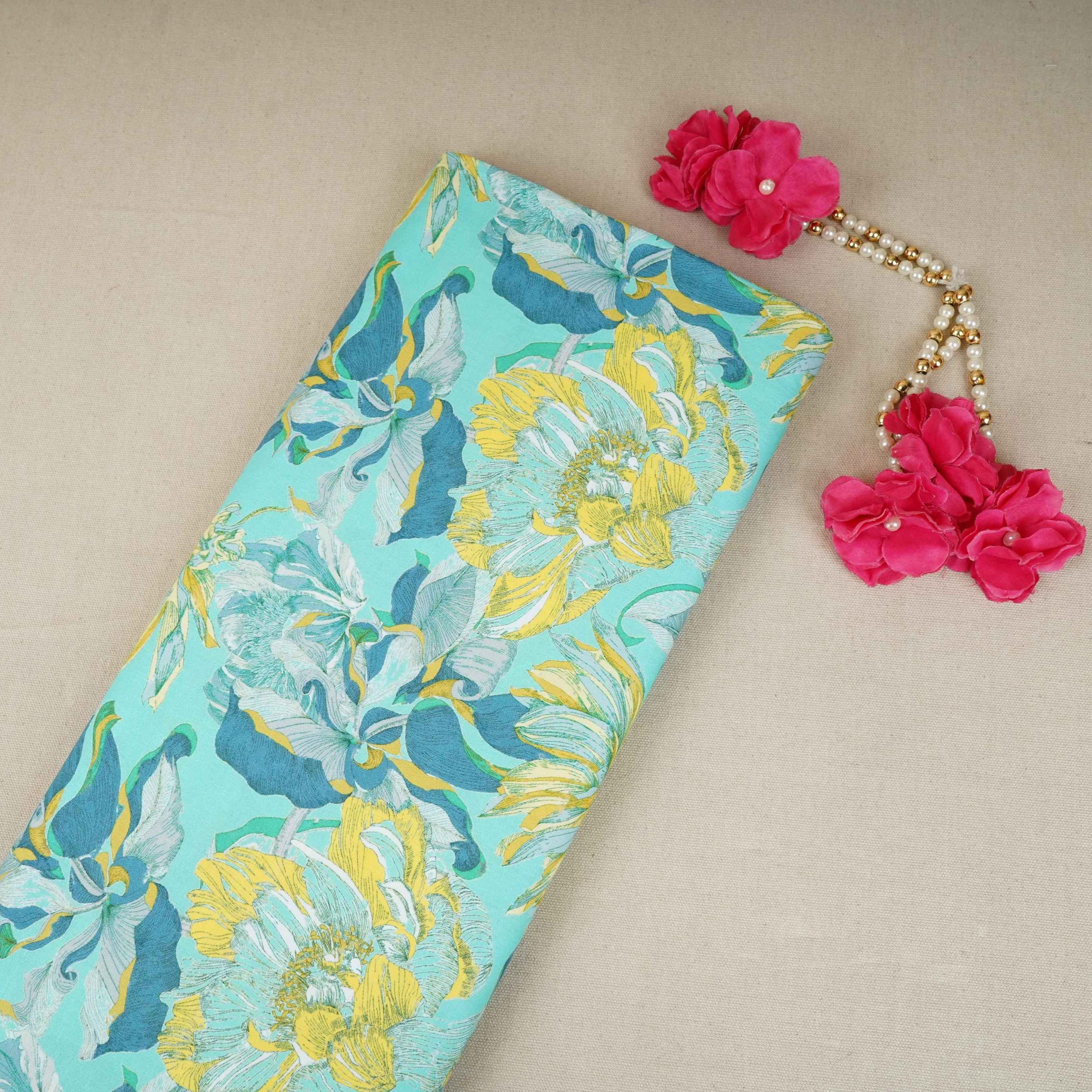 Teal with Yellow Floral Print Cotton Mulmul Fabric PG-30462 - TradeUNO