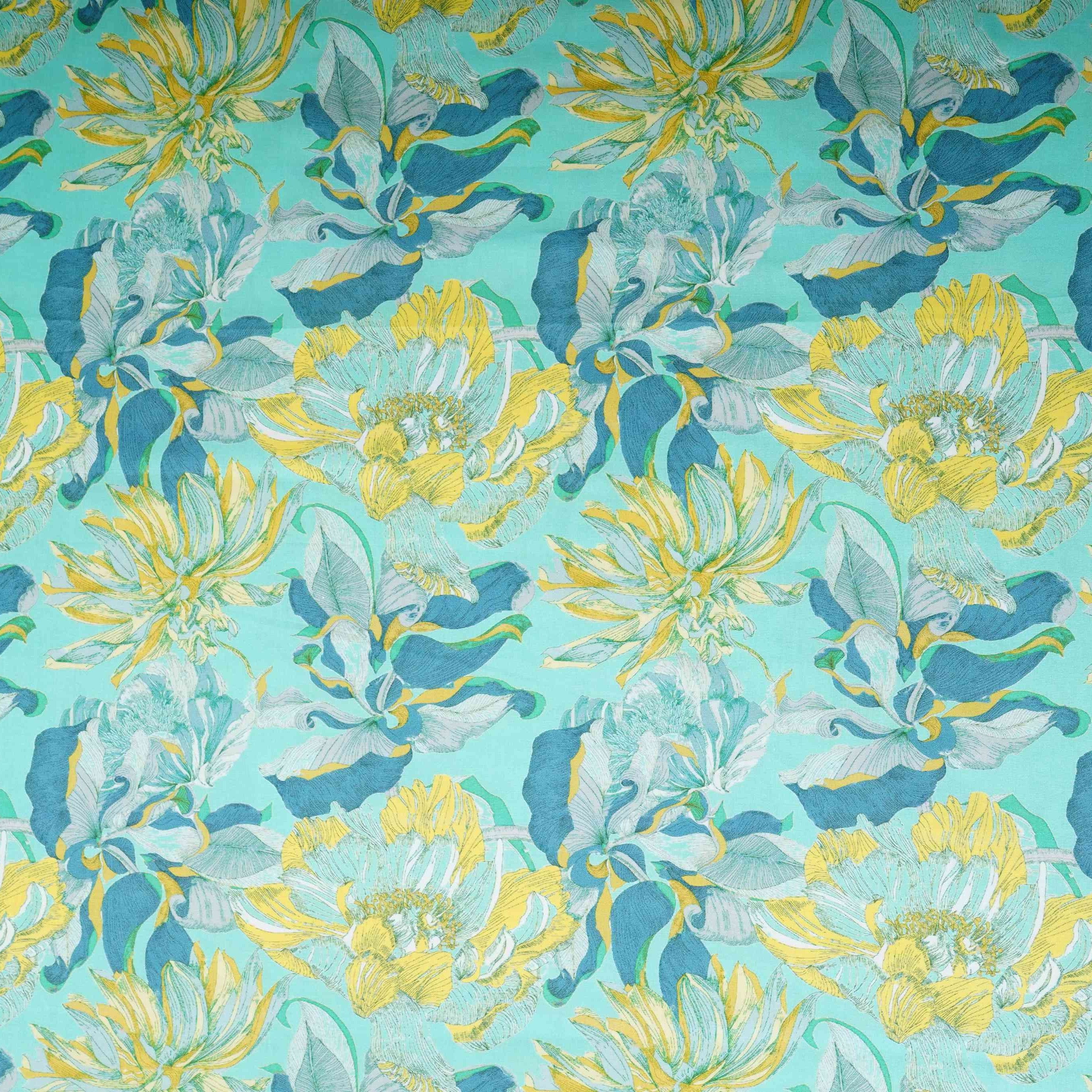 Teal with Yellow Floral Print Cotton Mulmul Fabric PG-30462 - TradeUNO