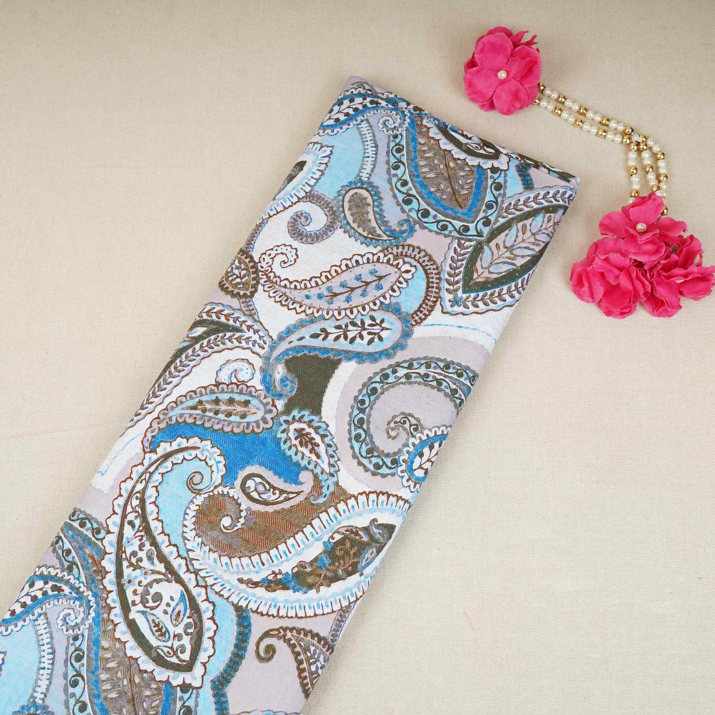 Blue with Grey Paisley Print Cotton Mulmul Fabric PG-30461