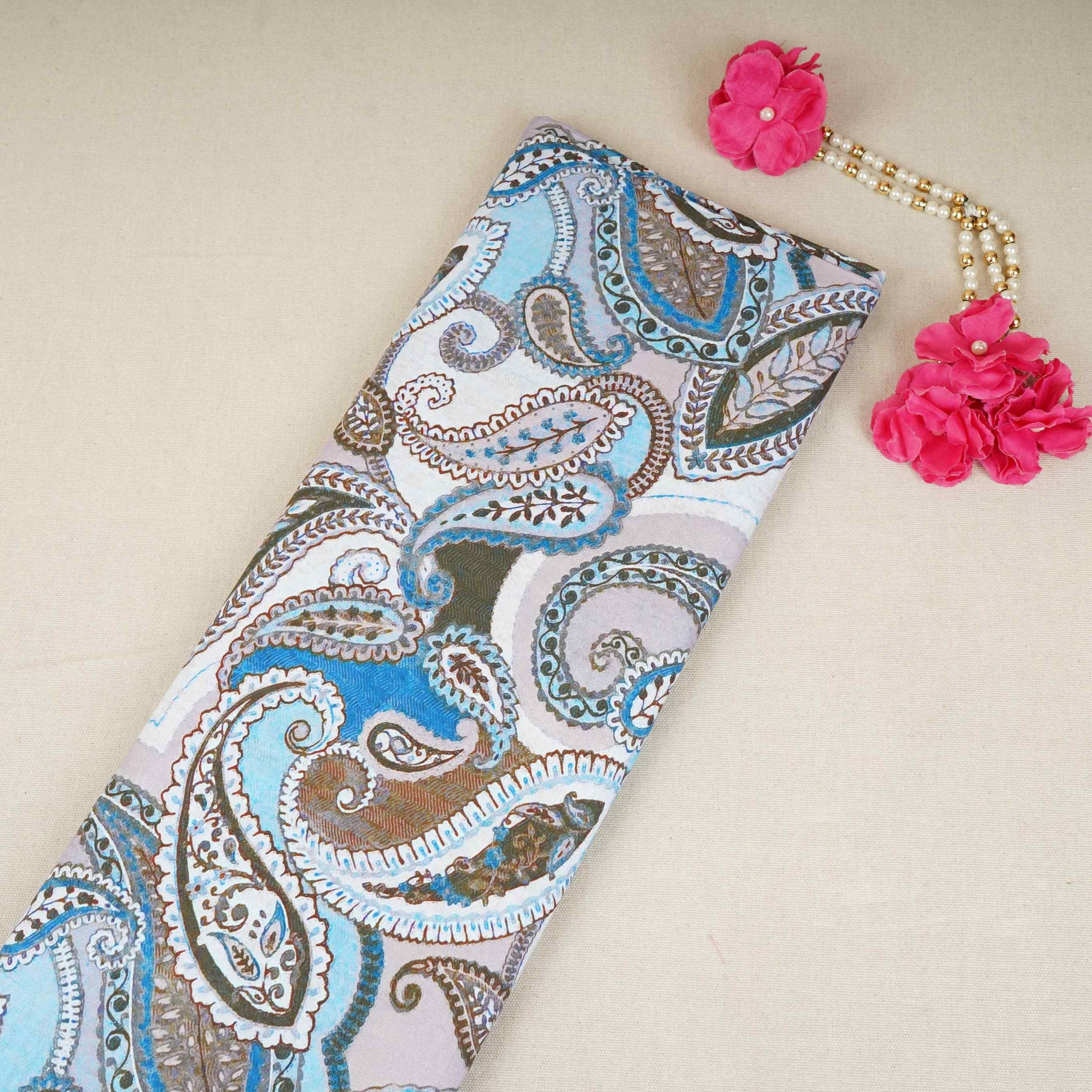 Blue with Grey Paisley Print Cotton Mulmul Fabric PG-30461 - TradeUNO