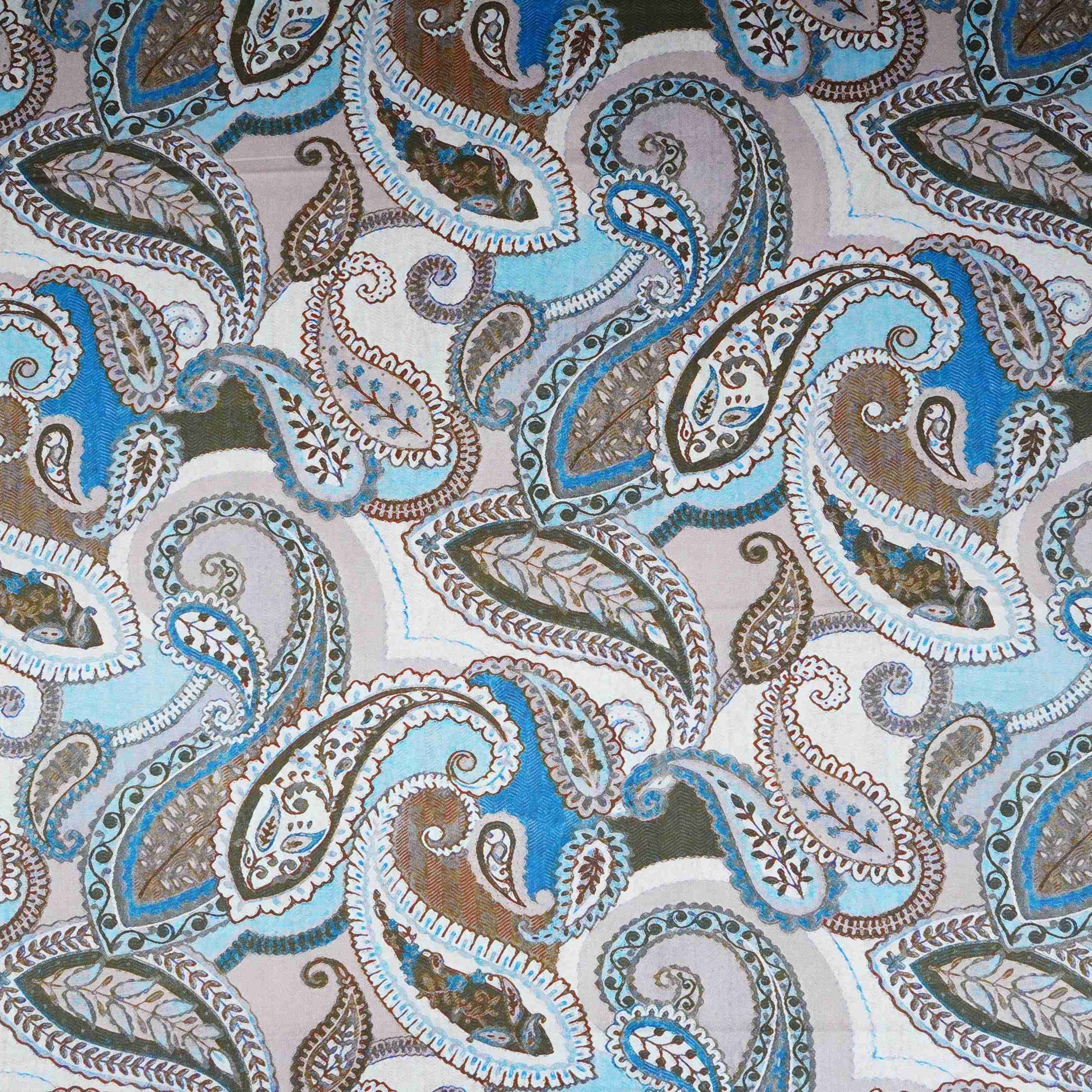 Blue with Grey Paisley Print Cotton Mulmul Fabric PG-30461 - TradeUNO
