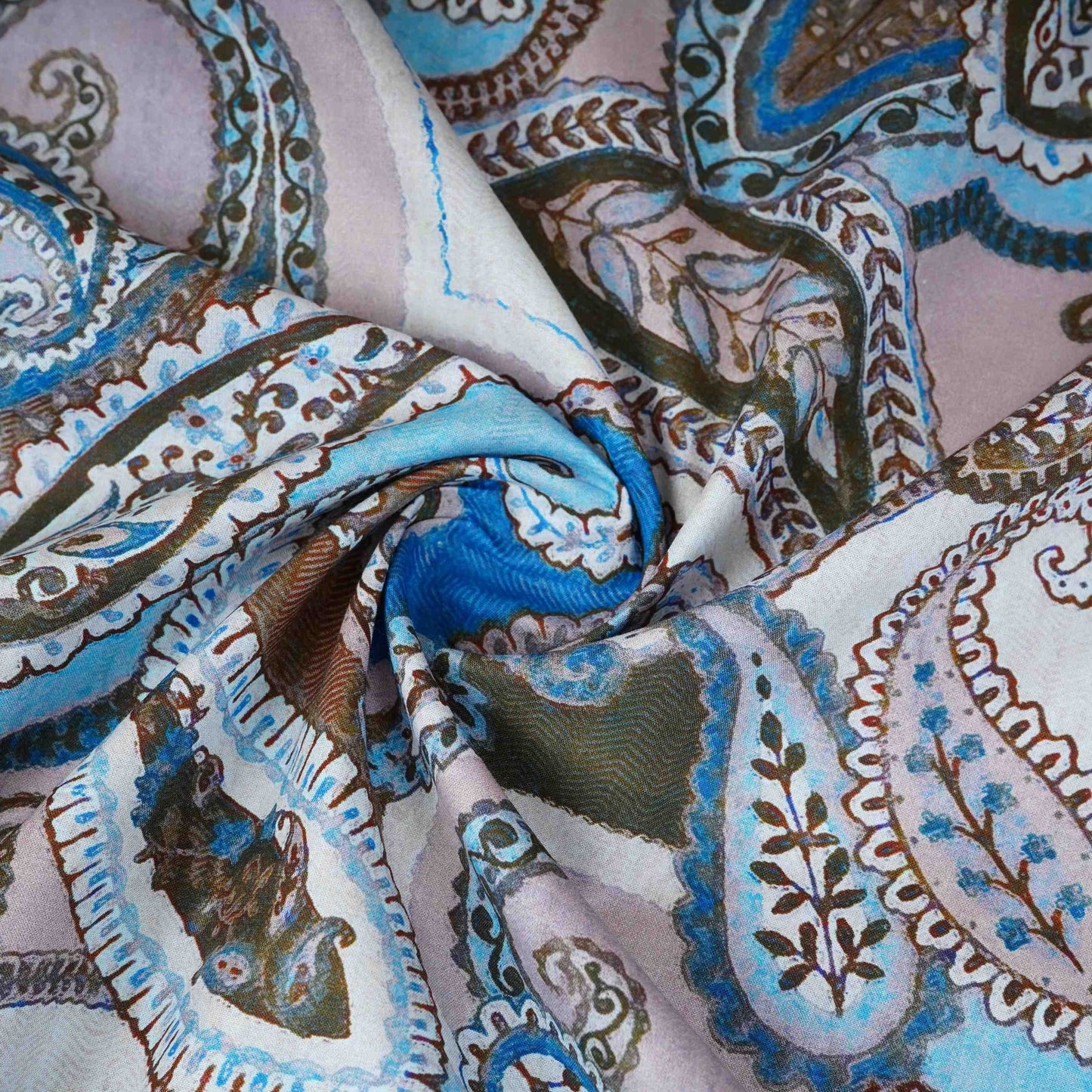 Blue with Grey Paisley Print Cotton Mulmul Fabric PG-30461