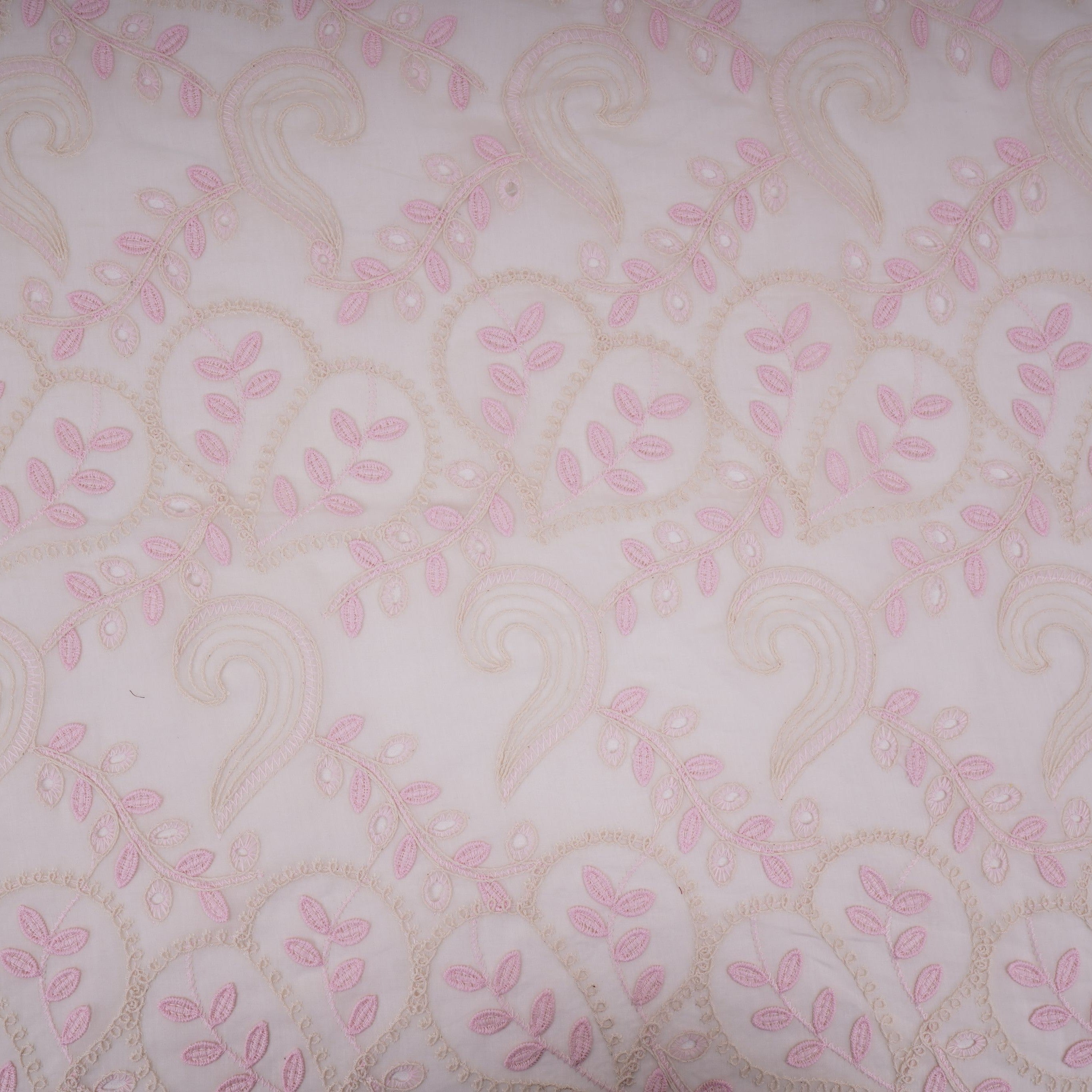 Off White With Pink 3D Leaf Embroidery Tencel Schiffli Fabric LI-32337 - TradeUNO