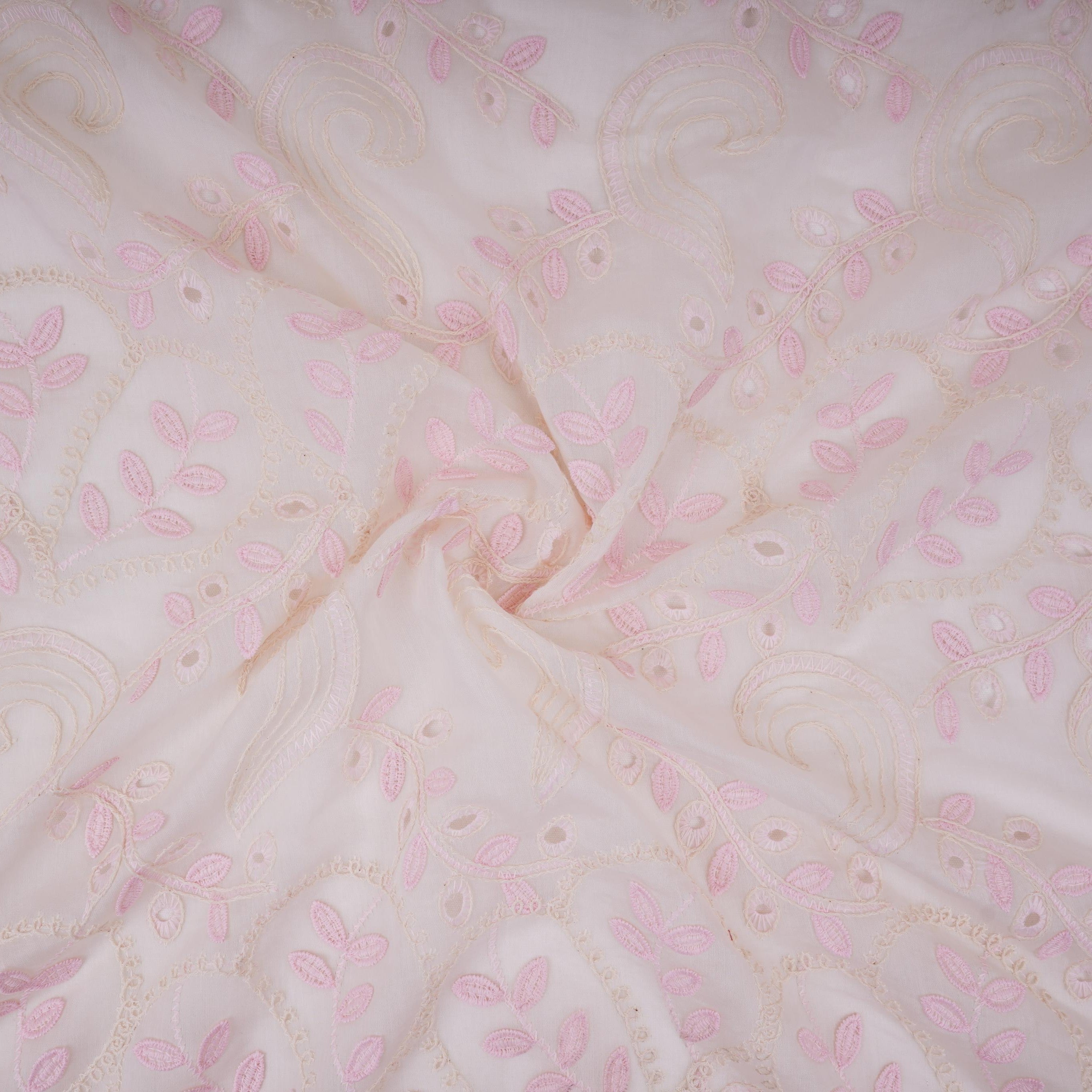 Off White With Pink 3D Leaf Embroidery Tencel Schiffli Fabric LI-32337 - TradeUNO