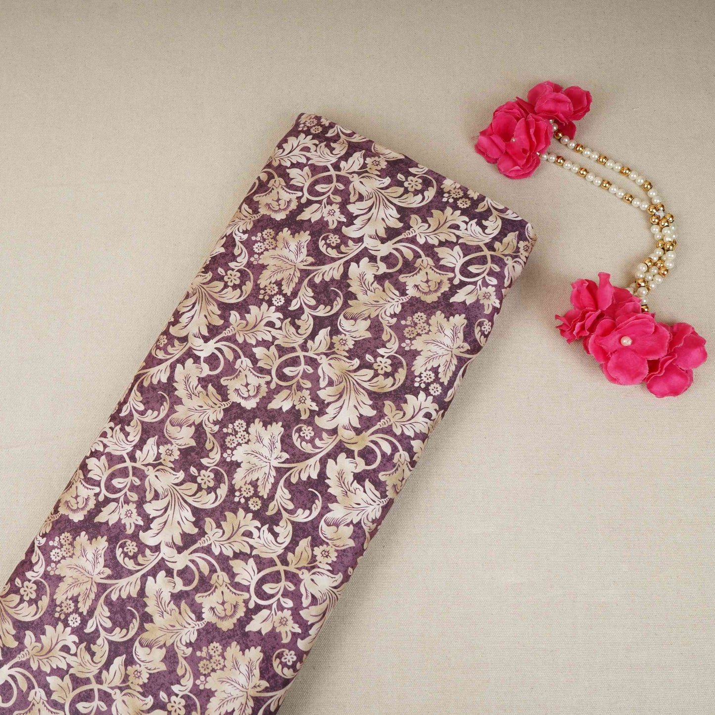 Purple with Cream Floral Print Cotton Satin Fabric PG-30403