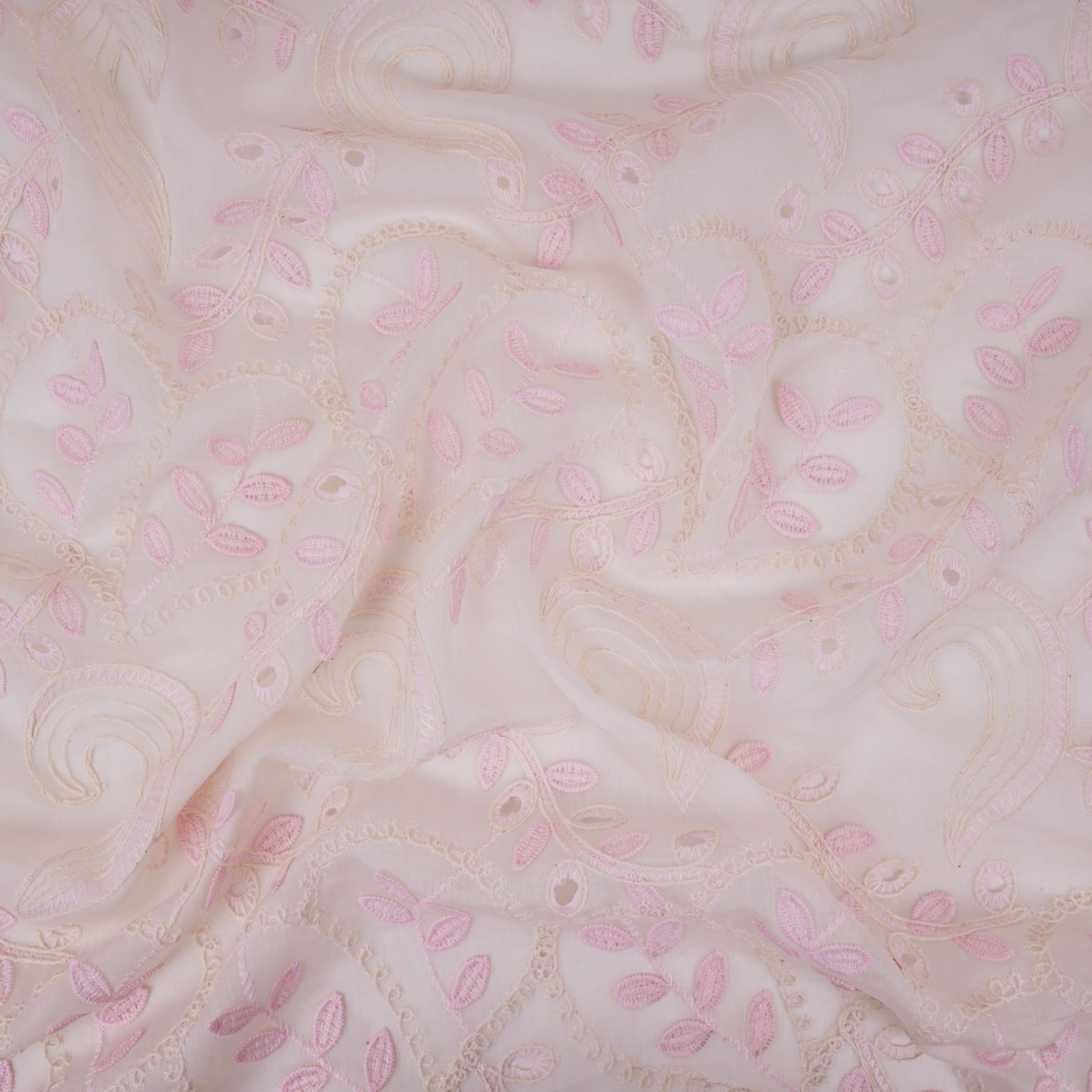 Off White With Pink 3D Leaf Embroidery Tencel Schiffli Fabric LI-32337 - TradeUNO