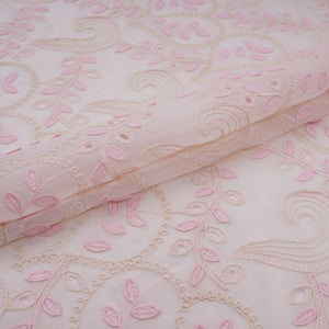 Off White With Pink 3D Leaf Embroidery Tencel Schiffli Fabric LI-32337 - TradeUNO