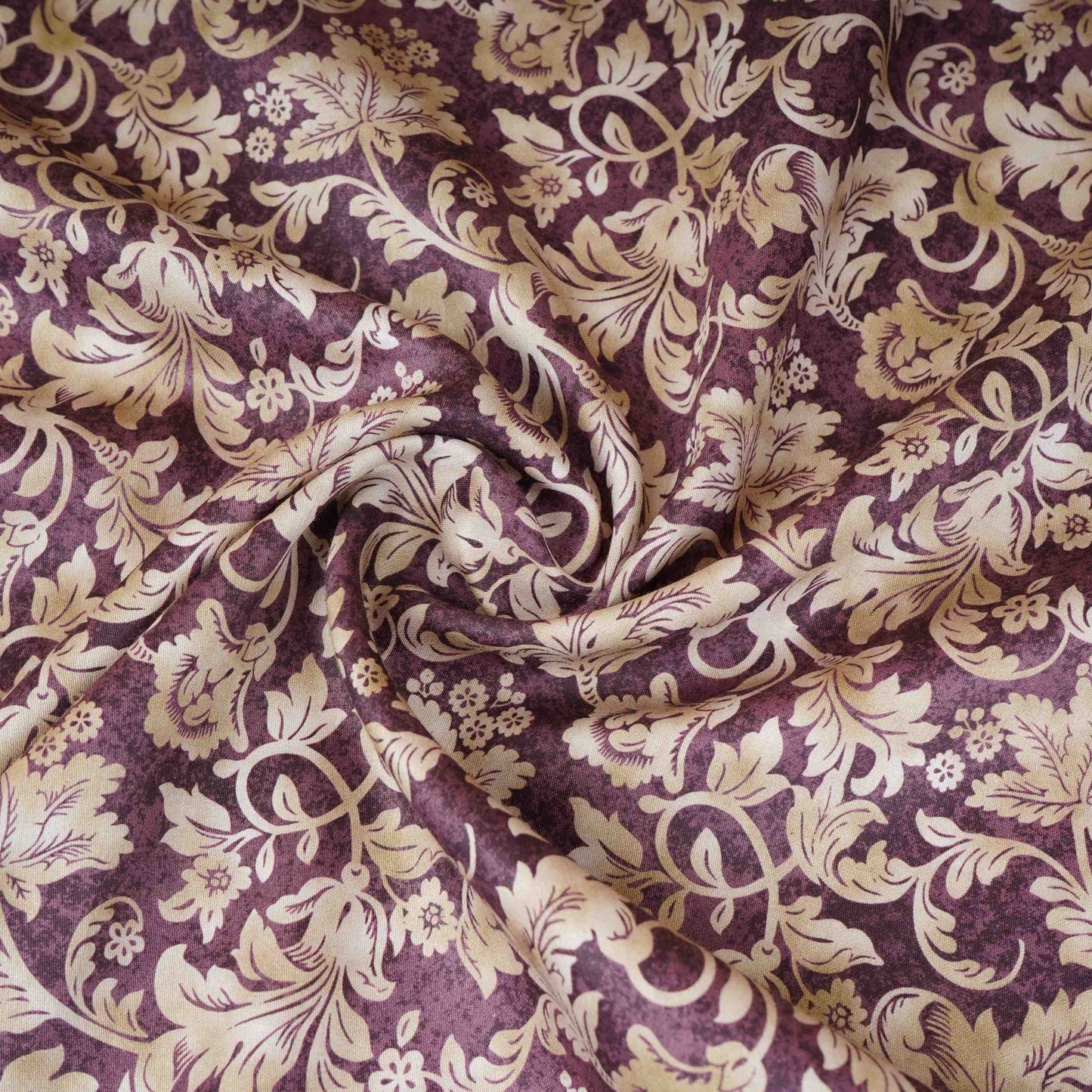 Purple with Cream Floral Print Cotton Satin Fabric PG-30403