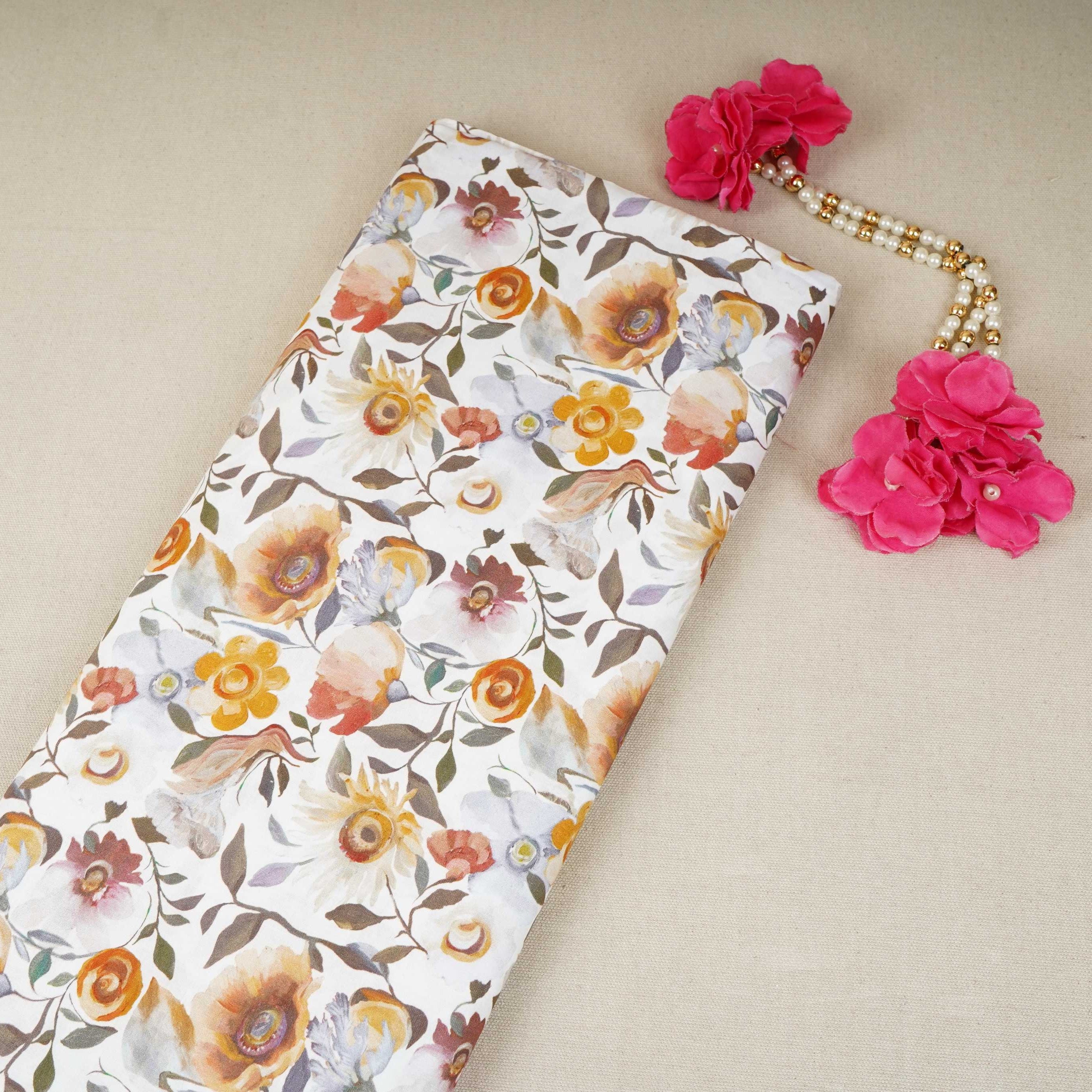 White with Multicolor Floral Print Cotton Mulmul Fabric PG-30478 - TradeUNO