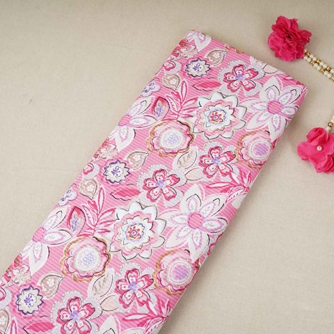 Pink with White Floral Print Cotton Mulmul Fabric PG-30463
