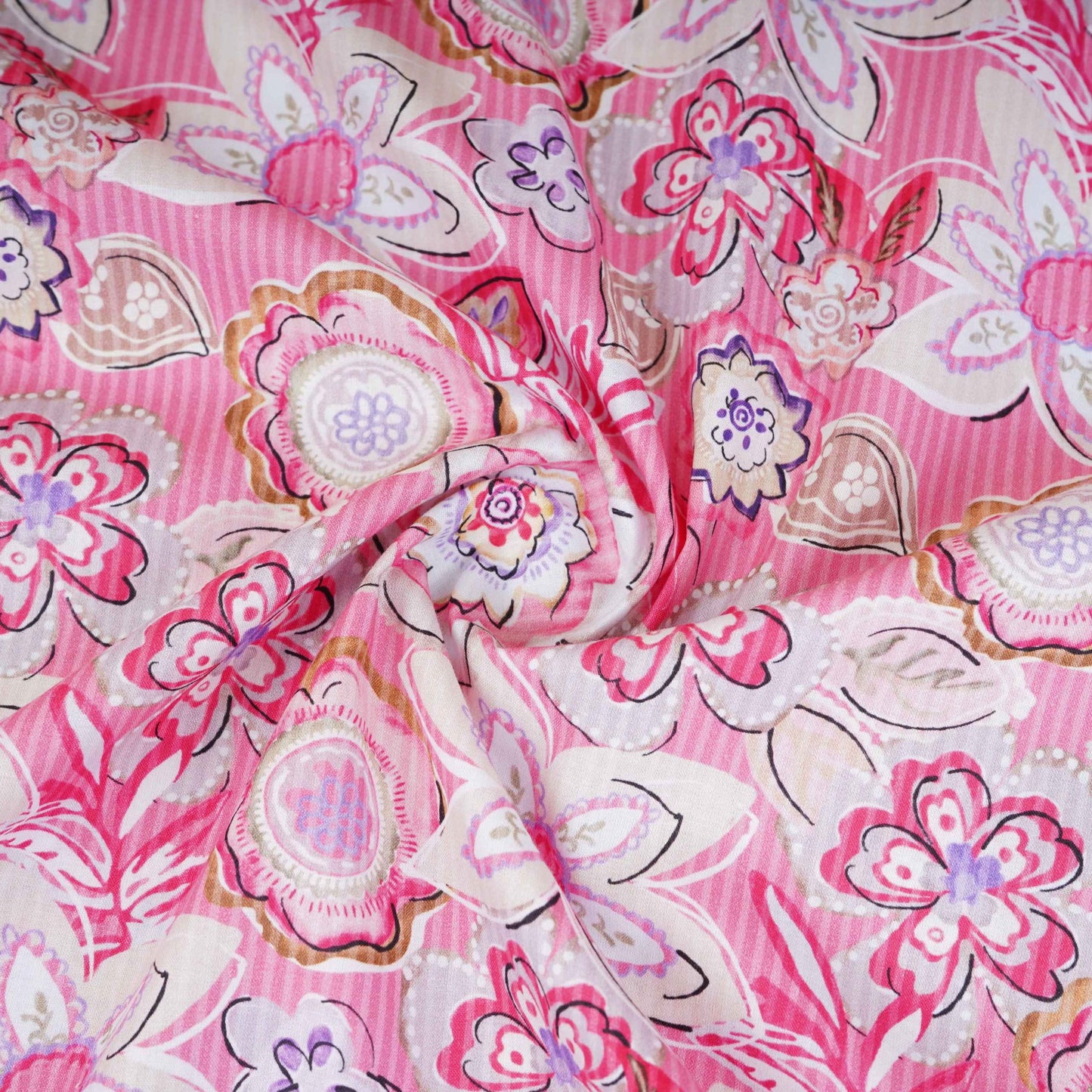 Pink with White Floral Print Cotton Mulmul Fabric PG-30463