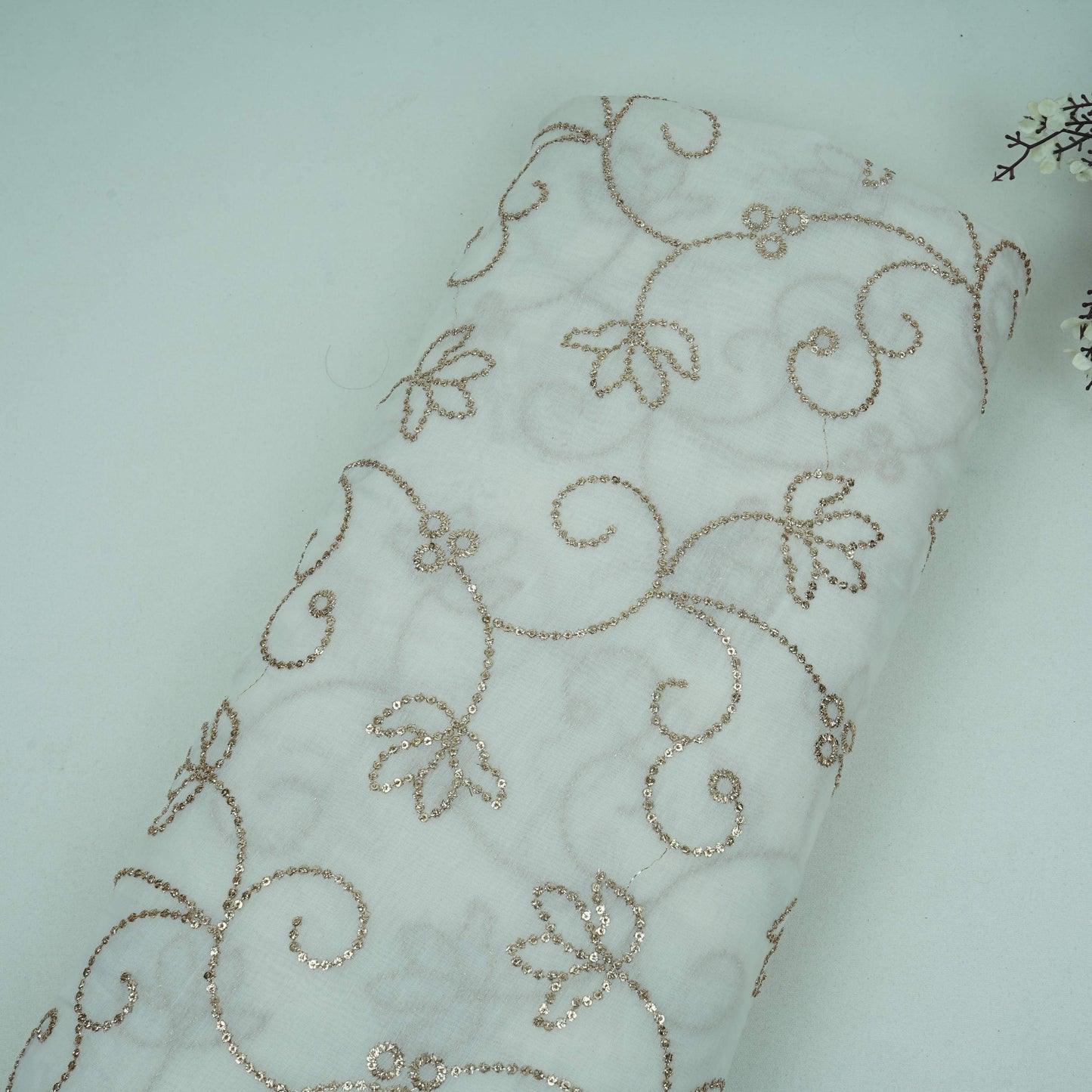 White Dyeable Sequins embroidery Malai Chanderi Fabric VF-32233
