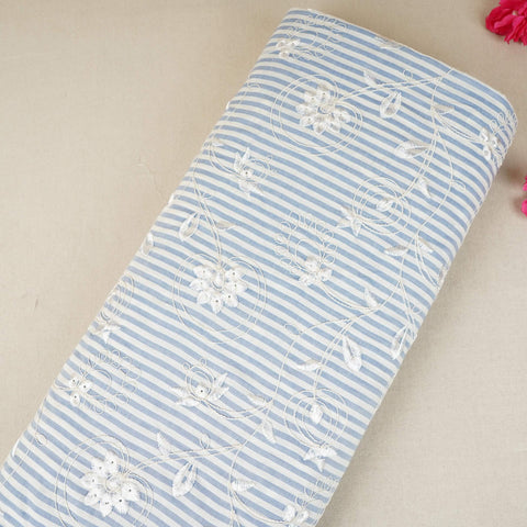 Light Blue Stripes Floral Embroidery South Cotton Fabric ZA-30581