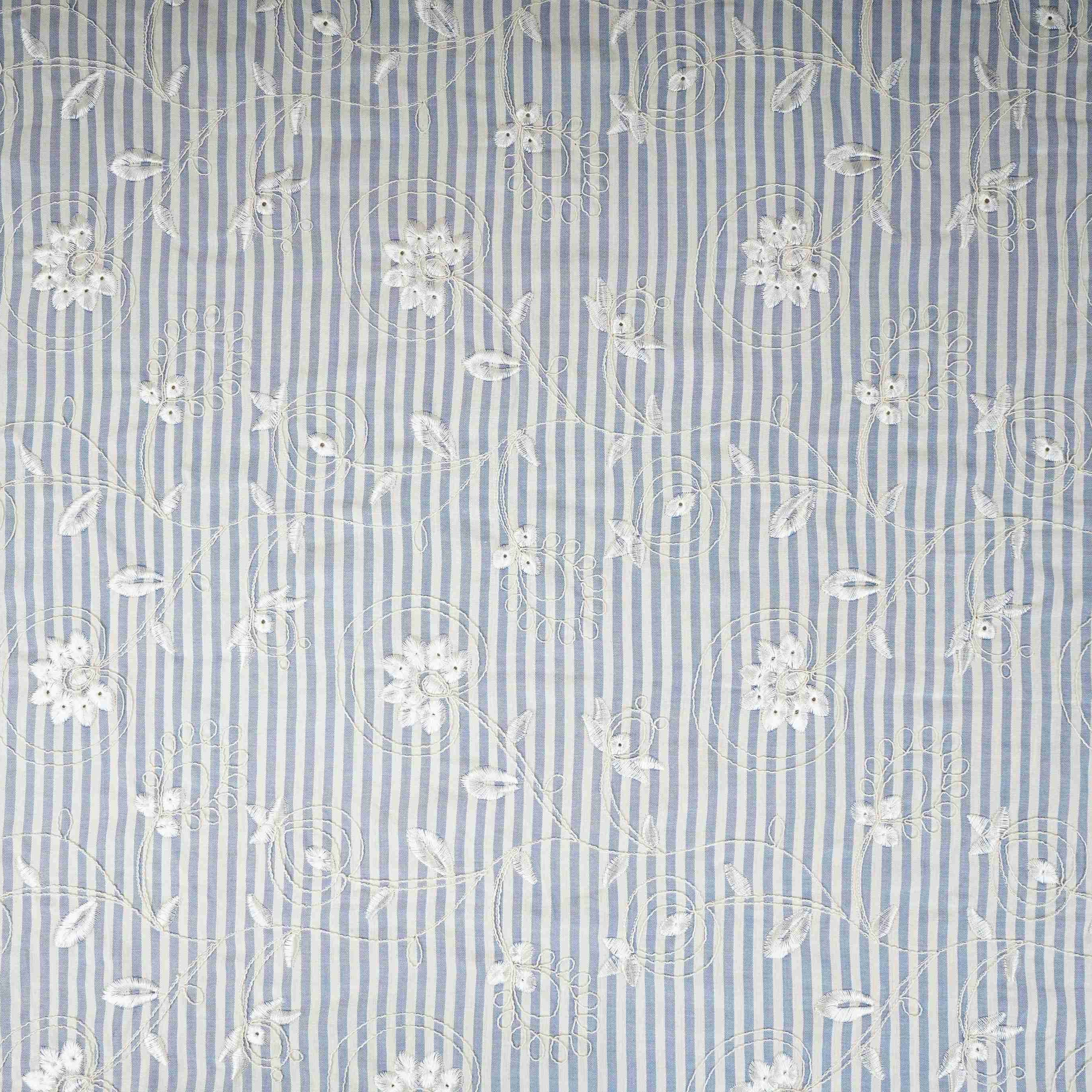 Light Blue Stripes Floral Embroidery South Cotton Fabric ZA-30581 - TradeUNO