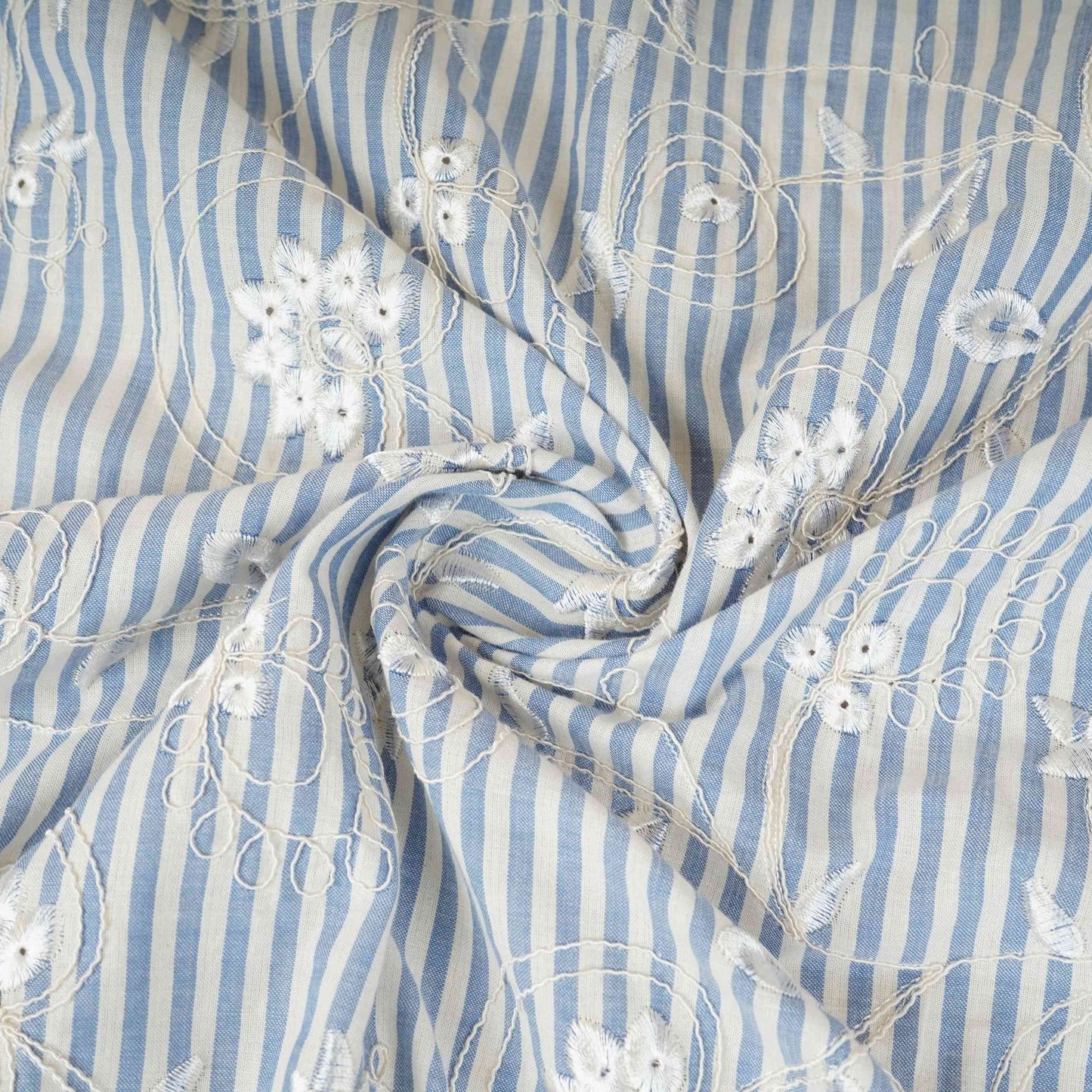 Light Blue Stripes Floral Embroidery South Cotton Fabric ZA-30581