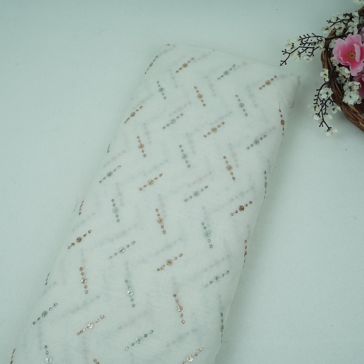 White Dyeable Buti embroidery Malai Chanderi Fabric VF-32234