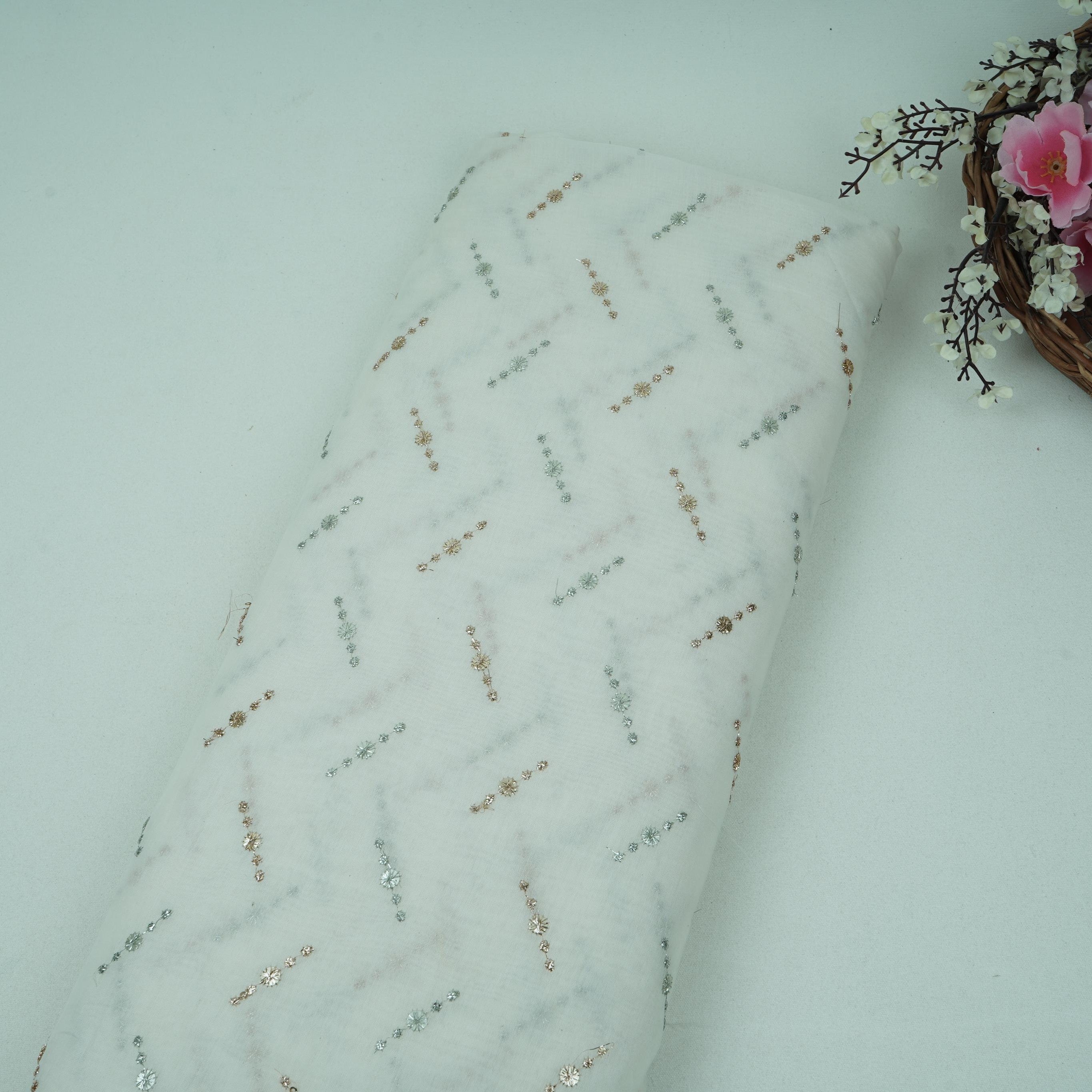 White Dyeable Buti embroidery Malai Chanderi Fabric VF-32234 - TradeUNO