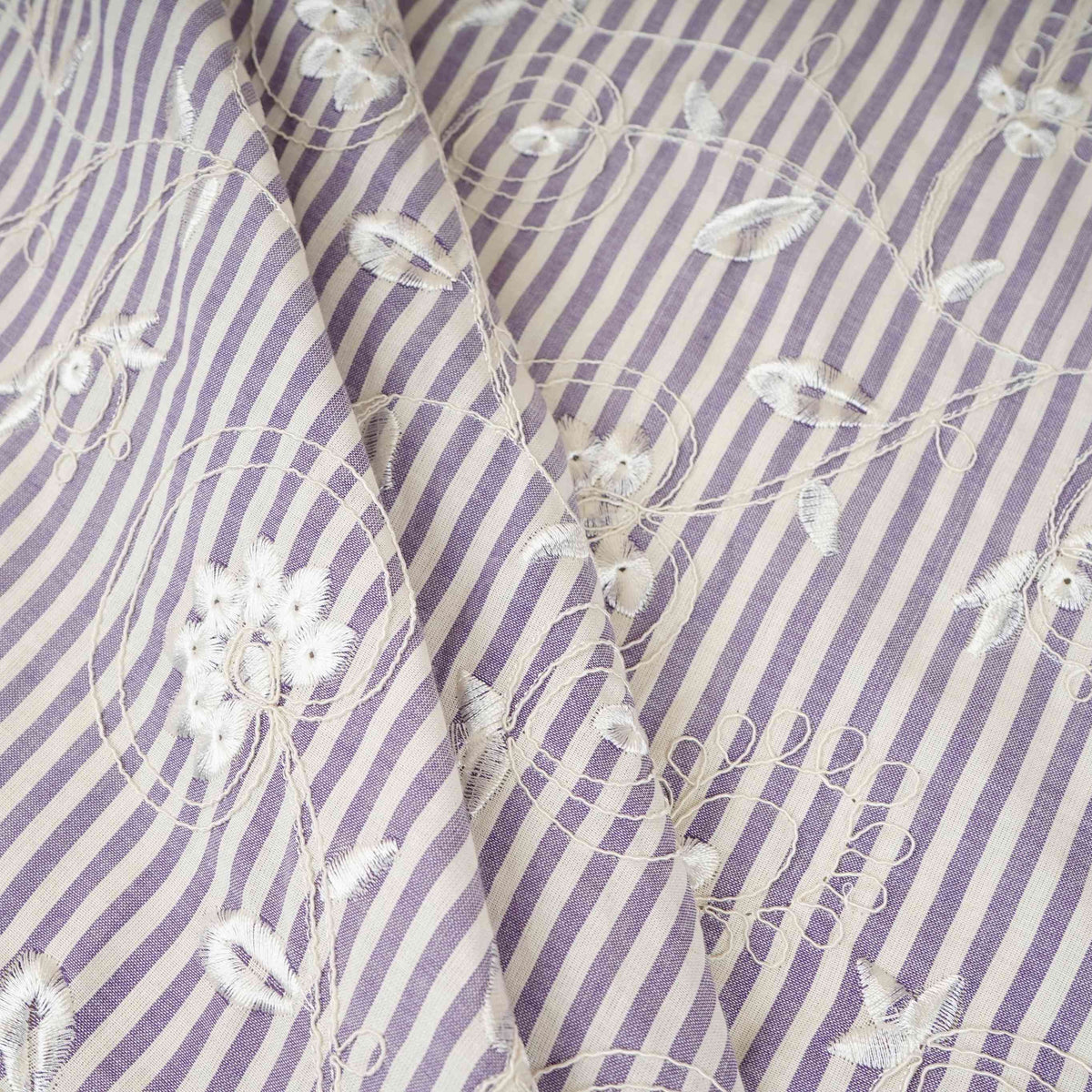 Blue Stripes Floral Embroidery South Cotton Fabric ZA-30582 - TradeUNO
