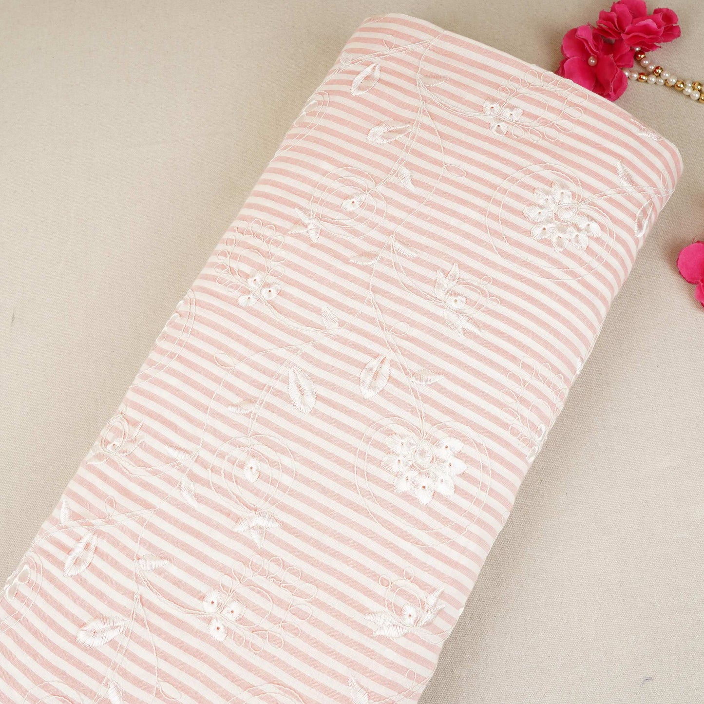 Peach Pink Stripes Floral Embroidery South Cotton Fabric ZA-30587