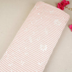 Peach Pink Stripes Floral Embroidery South Cotton Fabric ZA-30587