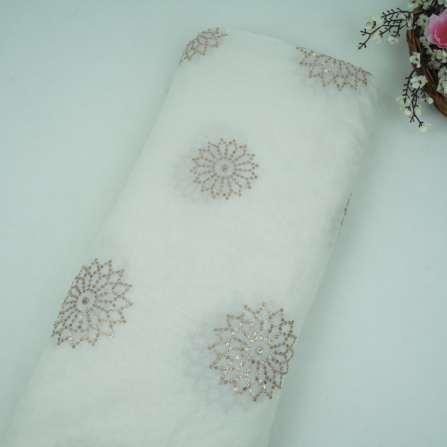 White Dyeable Floral Sequins Embroidery Malai Chanderi Fabric VF-32313