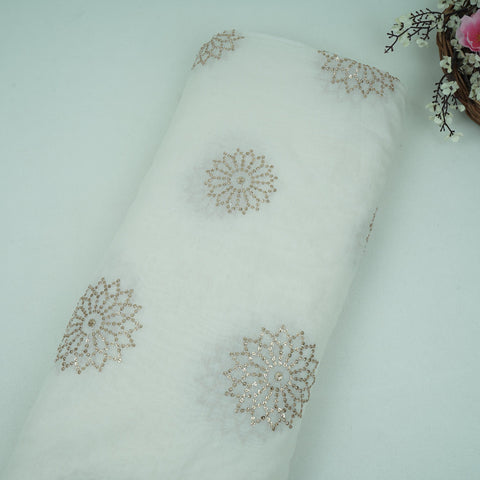 White Dyeable Floral Sequins Embroidery Malai Chanderi Fabric VF-32313