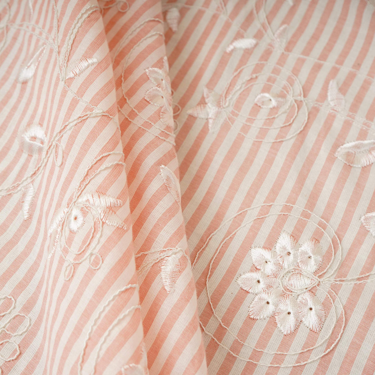 Peach Pink Stripes Floral Embroidery South Cotton Fabric ZA-30587 - TradeUNO