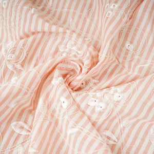 Peach Pink Stripes Floral Embroidery South Cotton Fabric ZA-30587 - TradeUNO