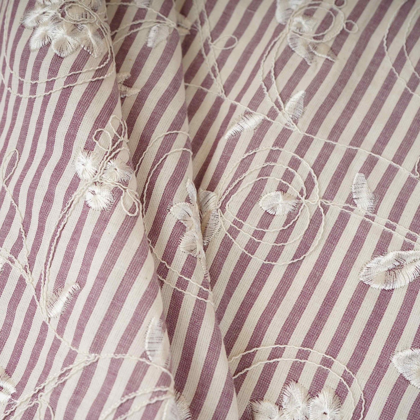 Light Grey Stripes Floral Embroidery South Cotton Fabric ZA-30584