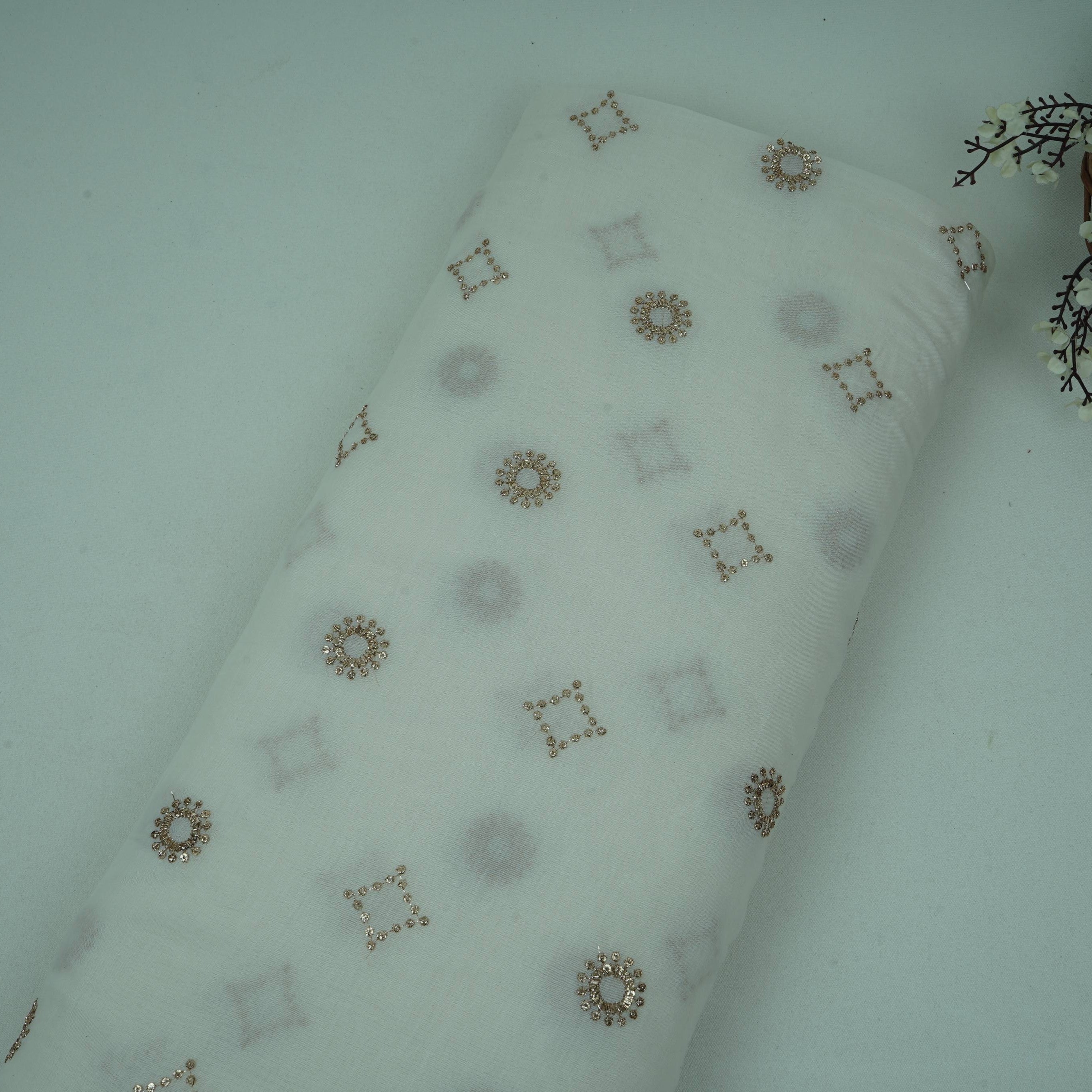 White Dyeable Sequins Embroidery Malai Chanderi Fabric VF-32325 - TradeUNO