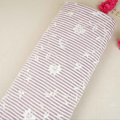 Light Grey Stripes Floral Embroidery South Cotton Fabric ZA-30584