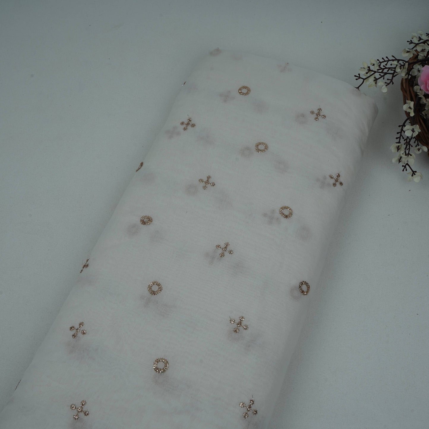 White Dyeable Geometrical Sequins Embroidery Malai Chanderi Fabric VF-32321