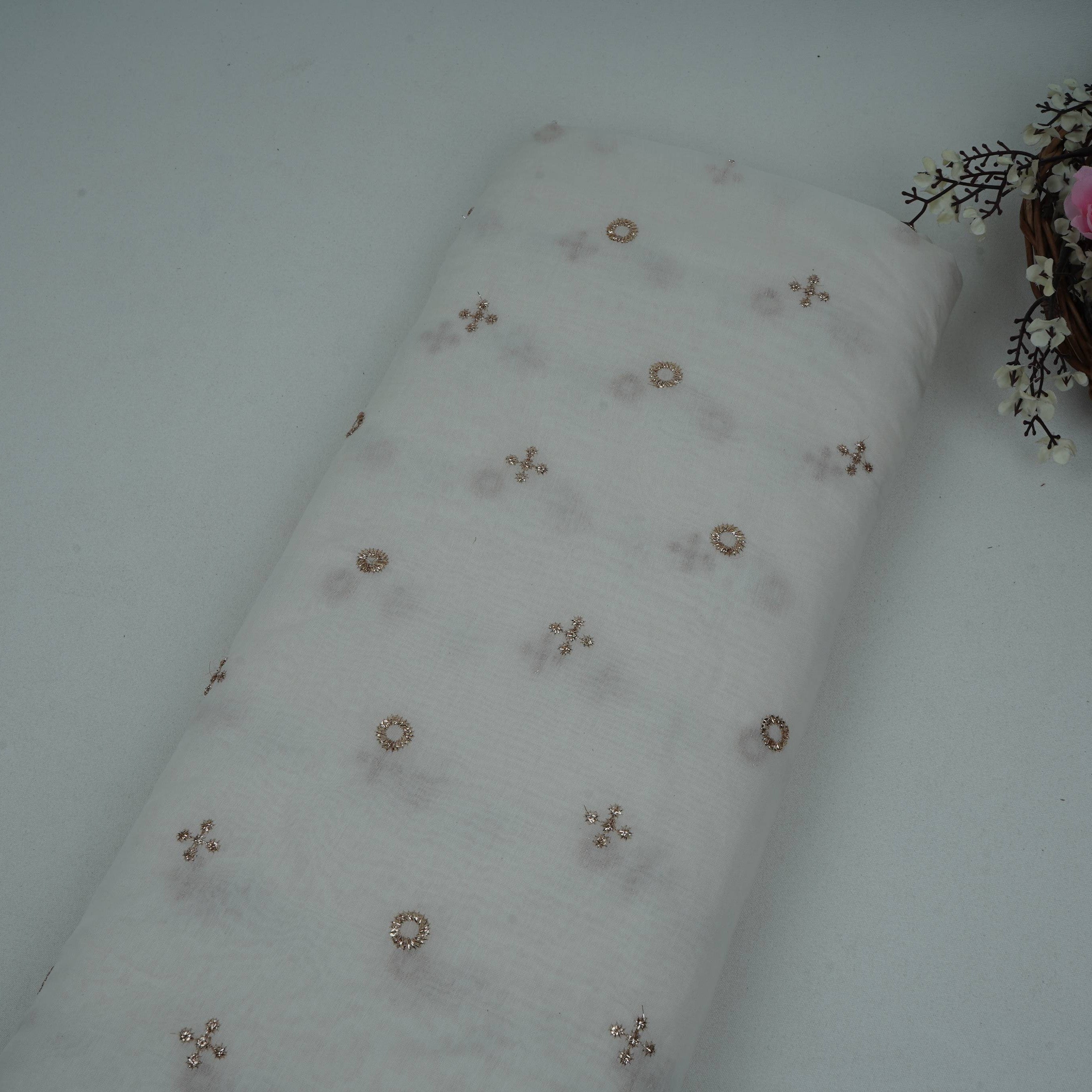 White Dyeable Geometrical Sequins Embroidery Malai Chanderi Fabric VF-32321 - TradeUNO
