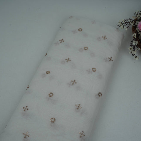 White Dyeable Geometrical Sequins Embroidery Malai Chanderi Fabric VF-32321