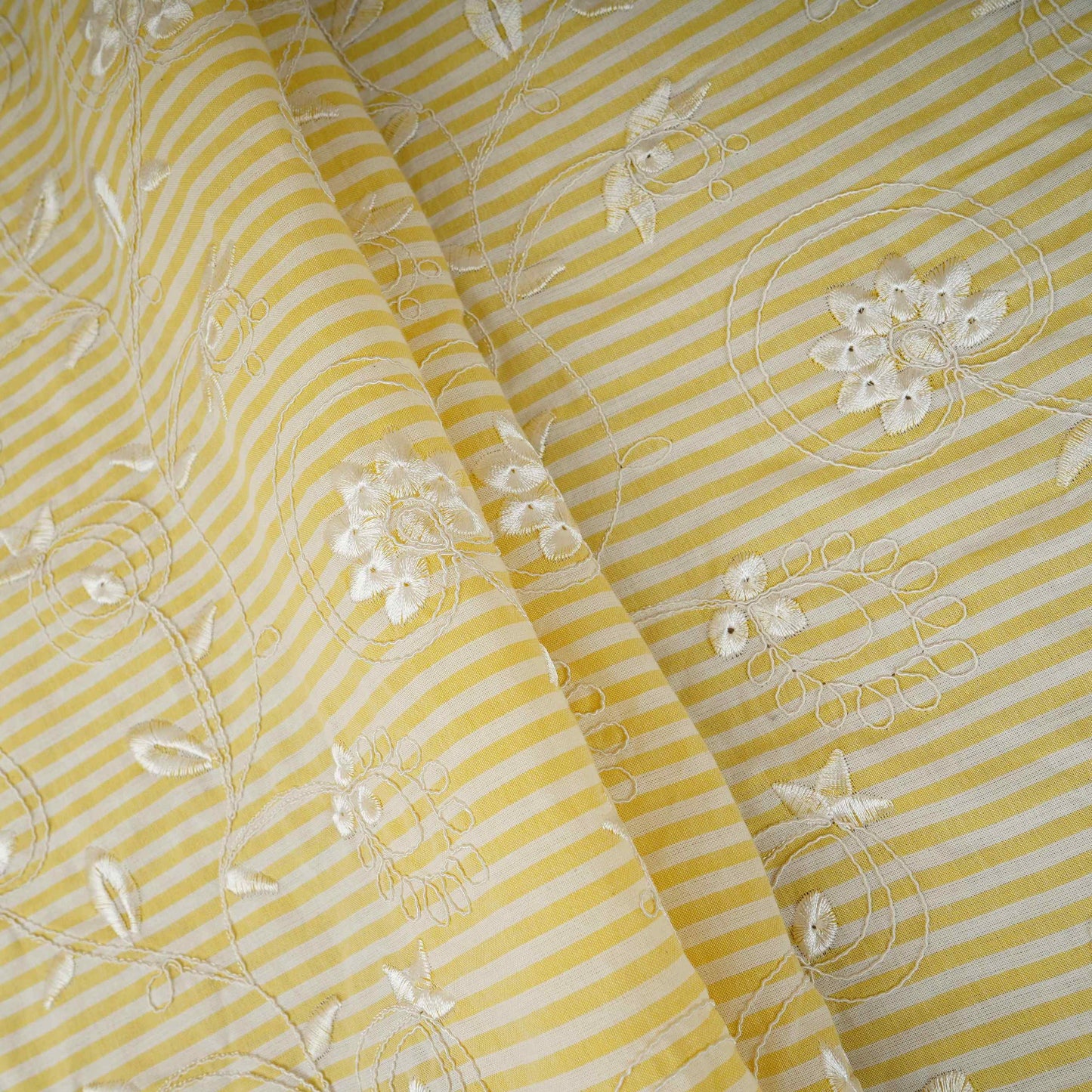 Light Yellow Stripes Floral Embroidery South Cotton Fabric ZA-30583
